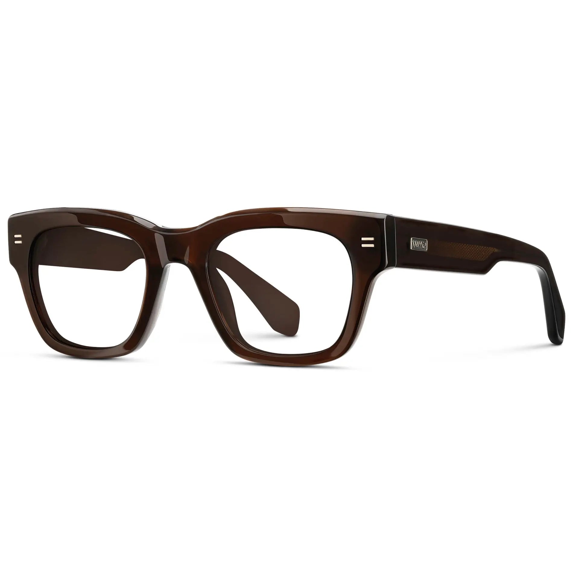 Burnt Cedar Brown || Side view of Men's Oversized Rectangular Eyeglasses with Burnt Cedar Brown Acetate Frame and Clear Prescription Lenses on a white background