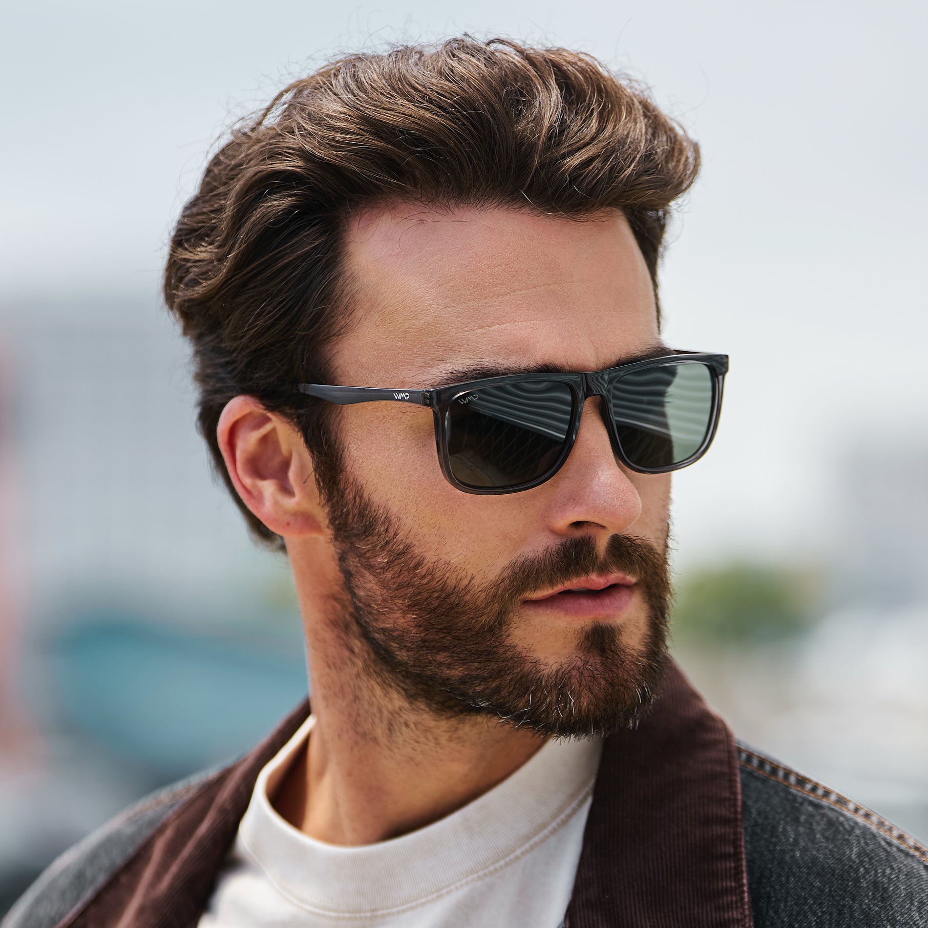 Steel Grey / Smoke Green Lens || Steel Grey Square Acetate Frame Sunglasses with Smoke Green Polarized Lenses