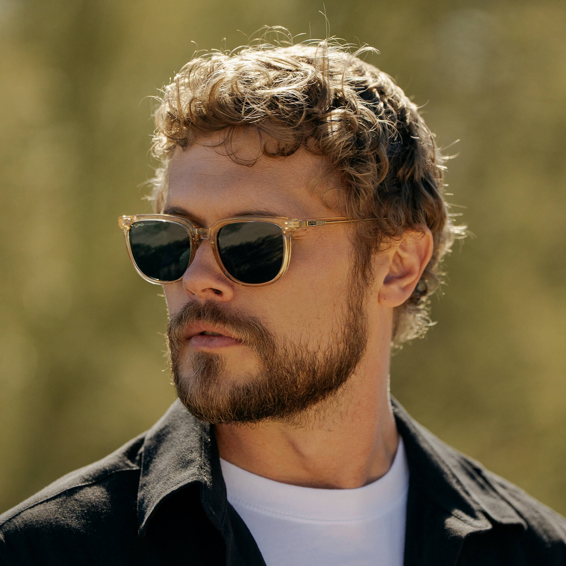 Champagne Crystal / Smoke Green Lens || Yellow Square Frame Sunglasses with Green Polarized Lenses