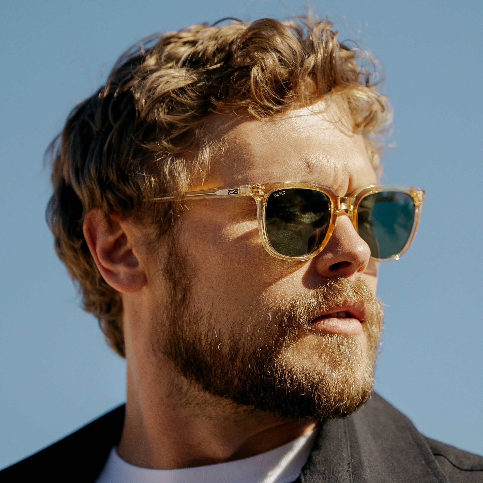 Champagne Crystal / Smoke Green Lens || Yellow Square Frame Sunglasses with Green Polarized Lenses