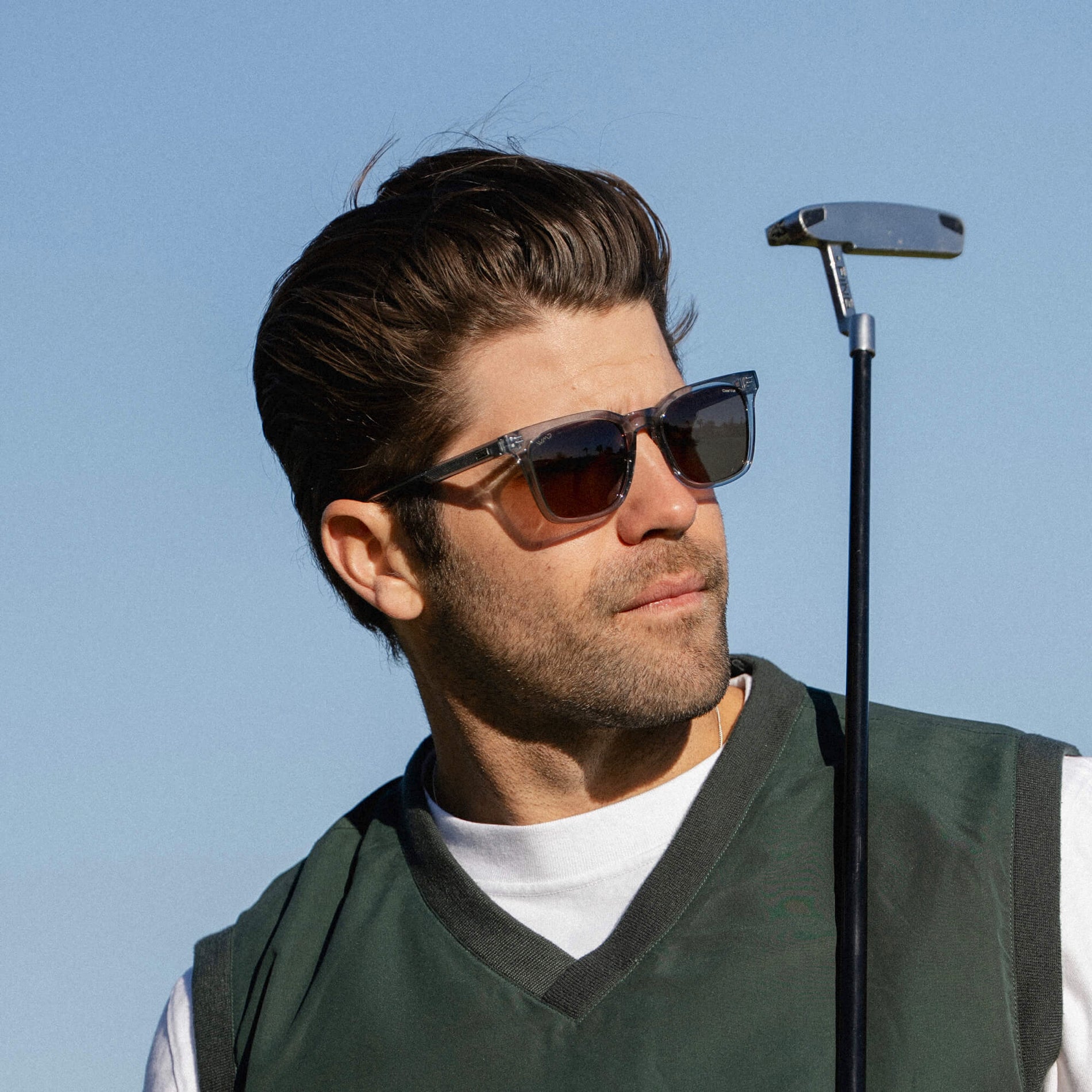 Denim Blue / Brown Lens || Men's Classic Rectangular Golf and Sport Sunglasses with Denim Blue Acetate Frame and Brown Polarized Oleophobic Lens