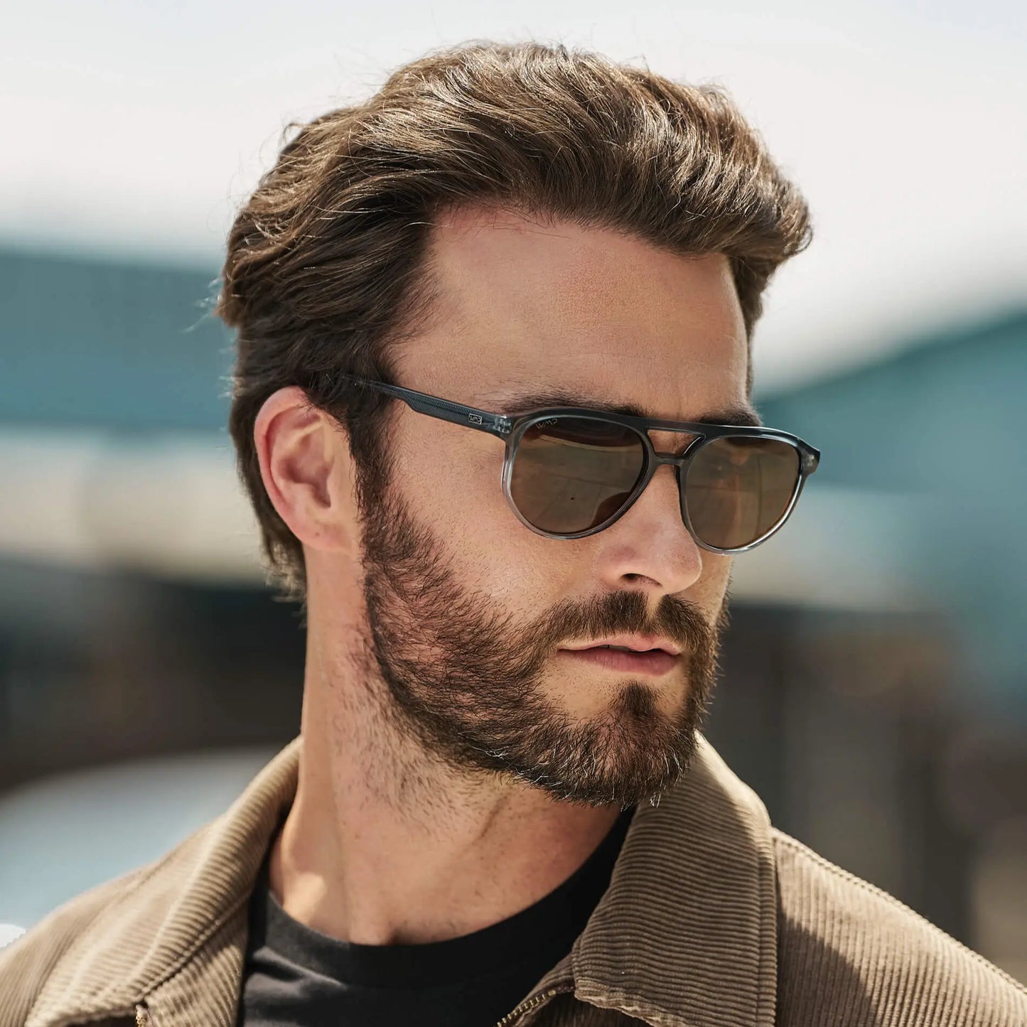 Chambray Blue / Brown Lens || Men’s Modern Double Bridge Aviator Blue  Polarized Sunglasses with Brown Lenses