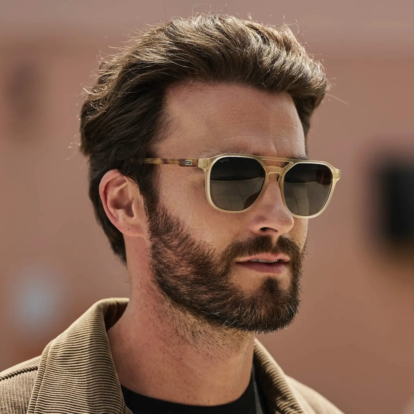 Tortoise Champagne / G15 || Square modern prescription sunglasses with tortoise champagne acetate frame worn by man outdoors