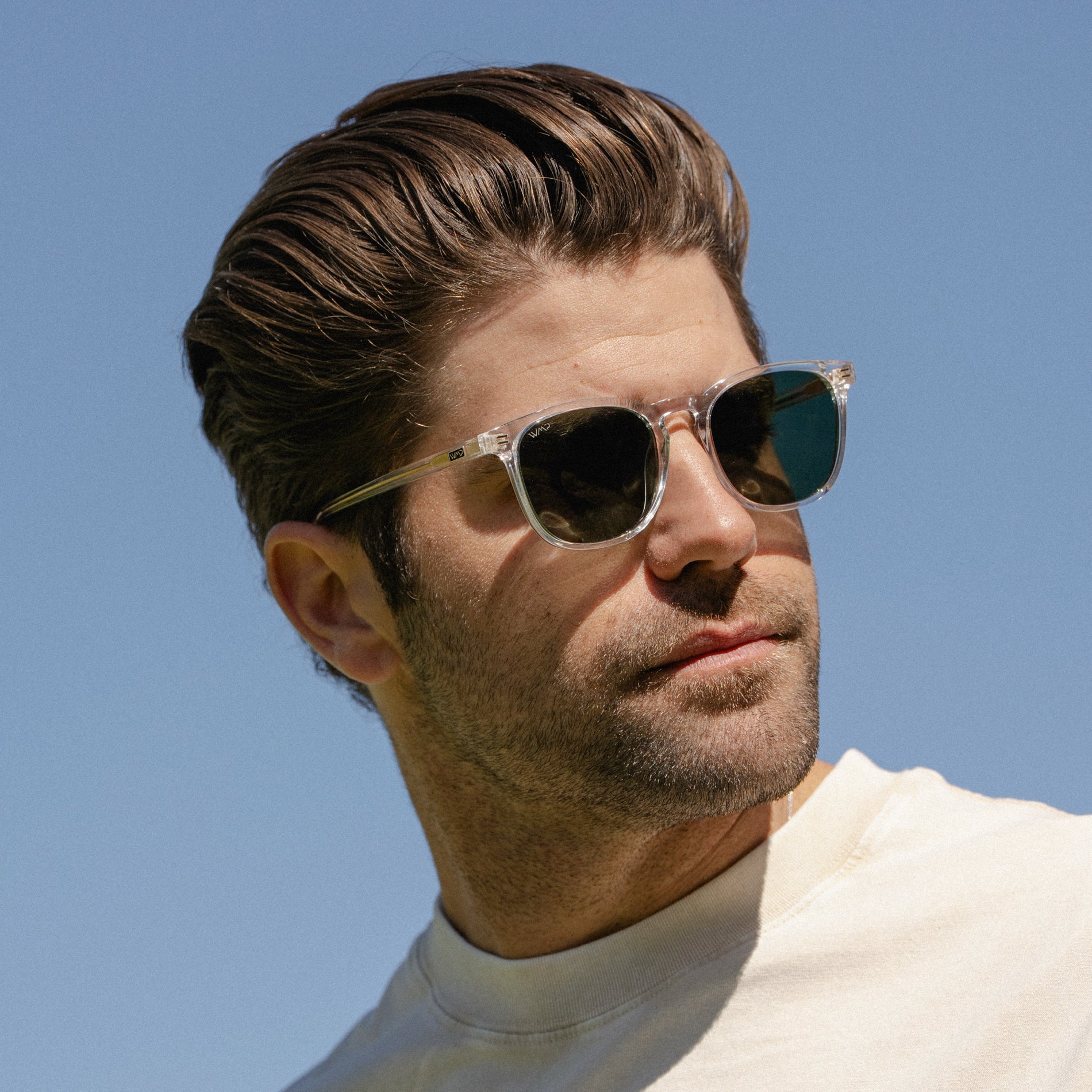 Clear / Smoke Green Lens || Clear Square Frame Sunglasses with Green Polarized Lenses