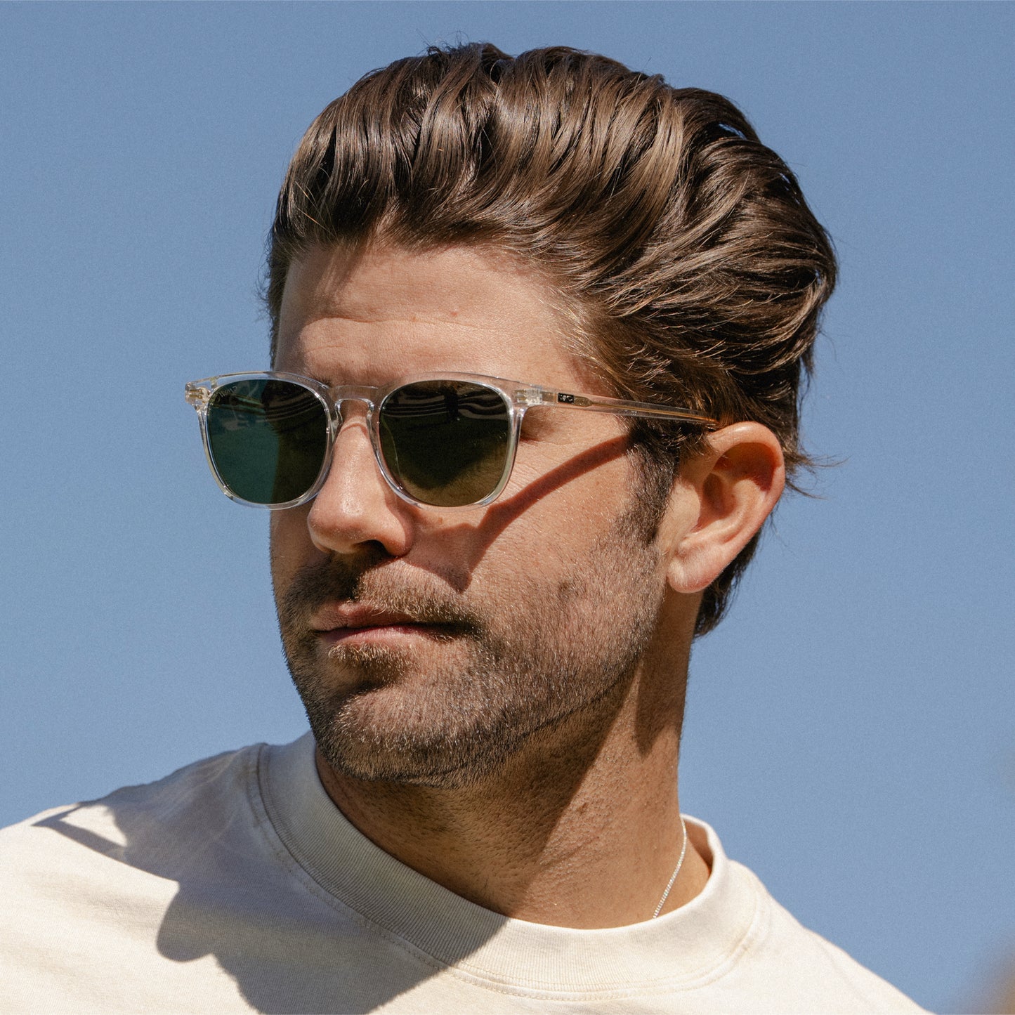 Clear / Smoke Green Lens || Clear Square Frame Sunglasses with Green Polarized Lenses