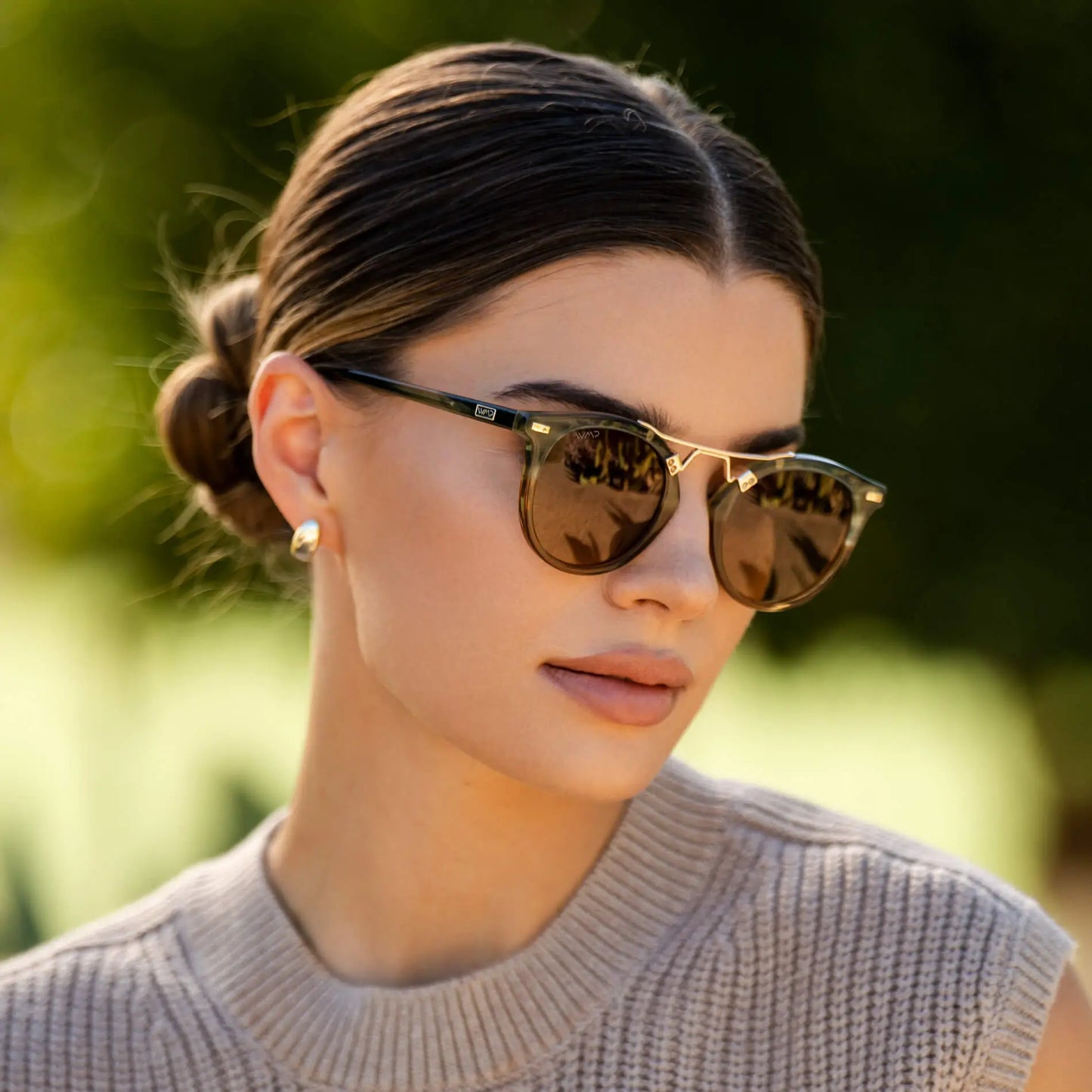 Desert Sage / Brown Gradient || Double Bridge Round Retro Polarized Sunglasses with Desert Sage Frame Brown Gradient Lens and Gold Fashion Accents