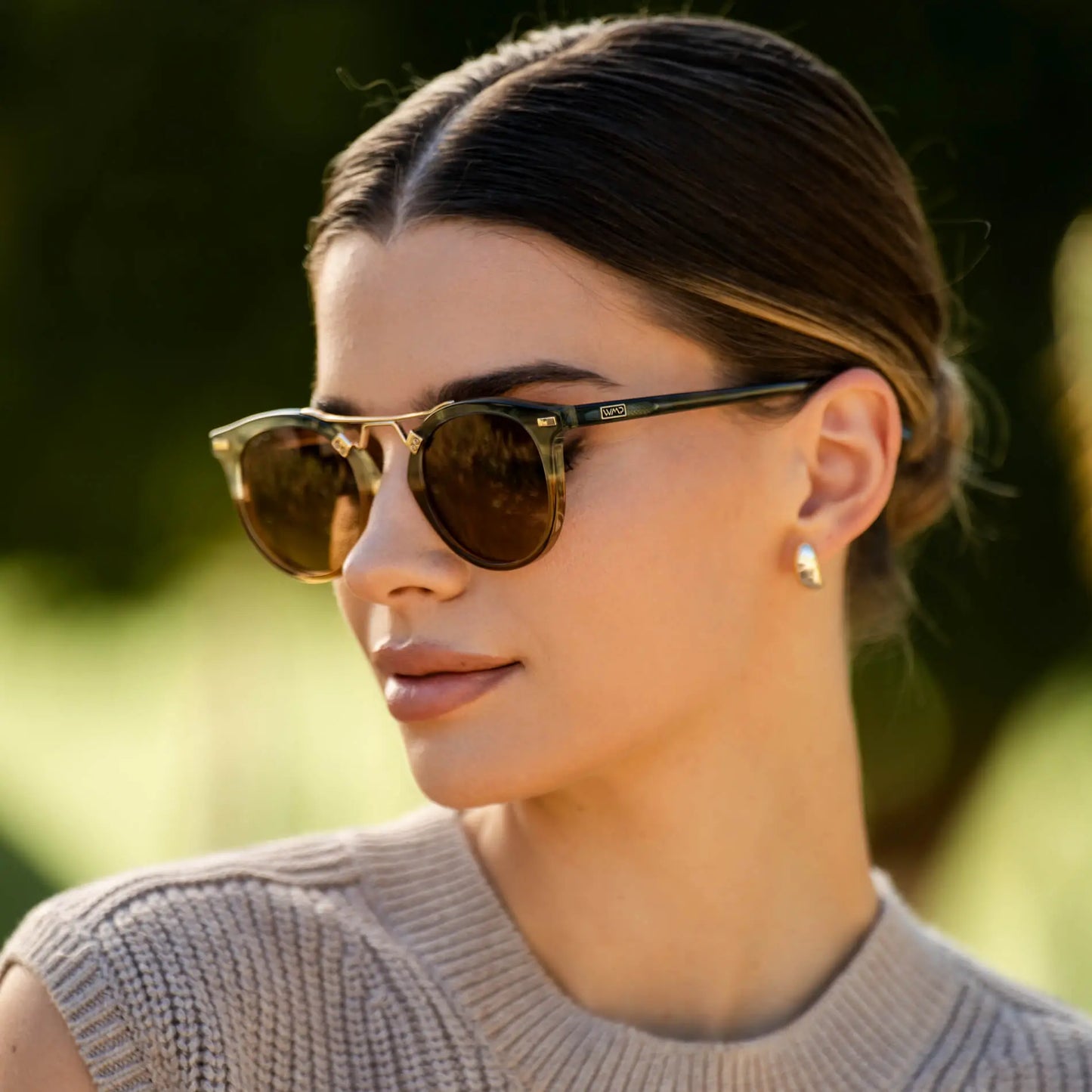 Desert Sage / Brown Gradient || Double Bridge Round Retro Polarized Sunglasses with Desert Sage Frame Brown Gradient Lens and Gold Fashion Accents