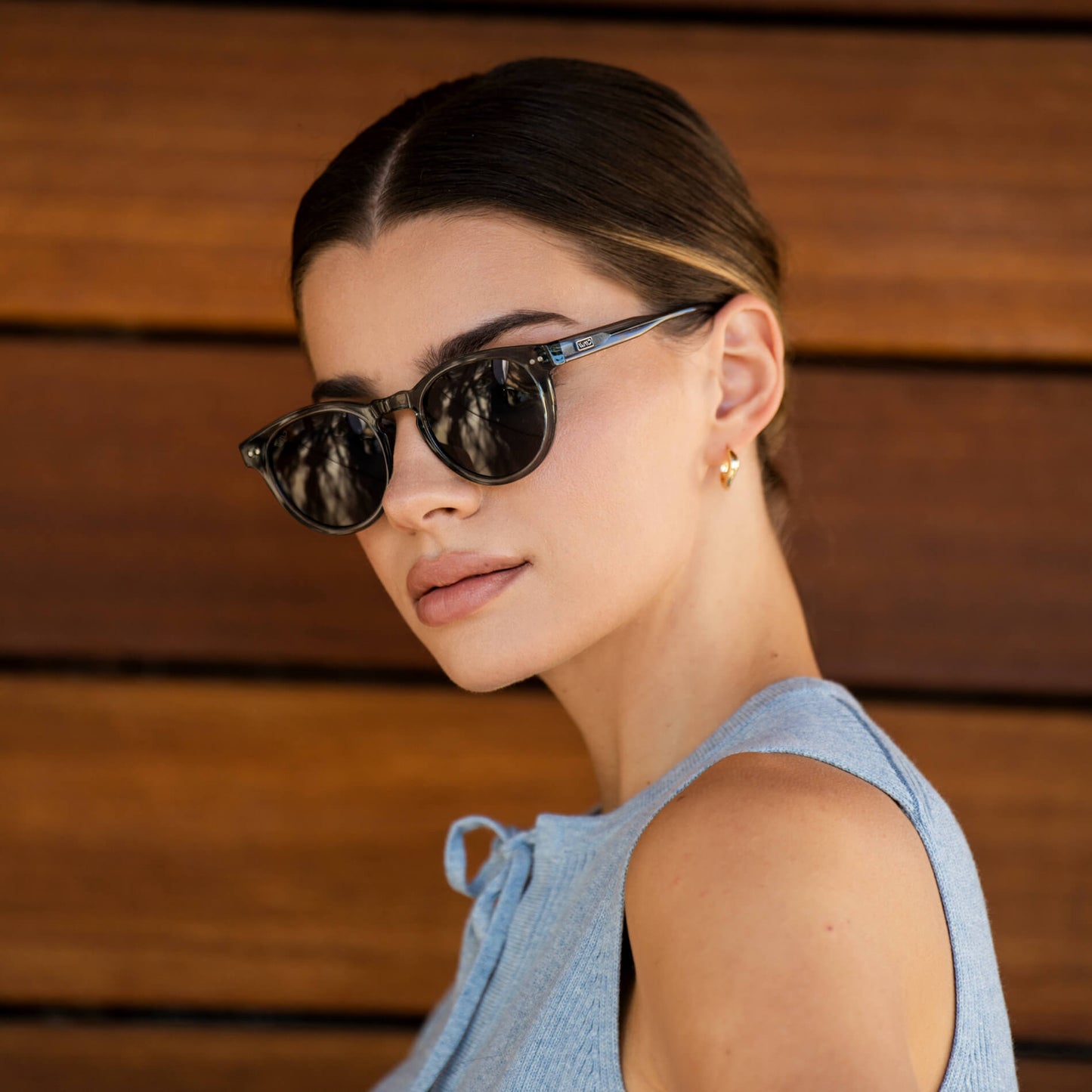 Crystal Blue Frame / Black Lens || Women's Blue Round Frame Sunglasses with Black Polarized Lenses