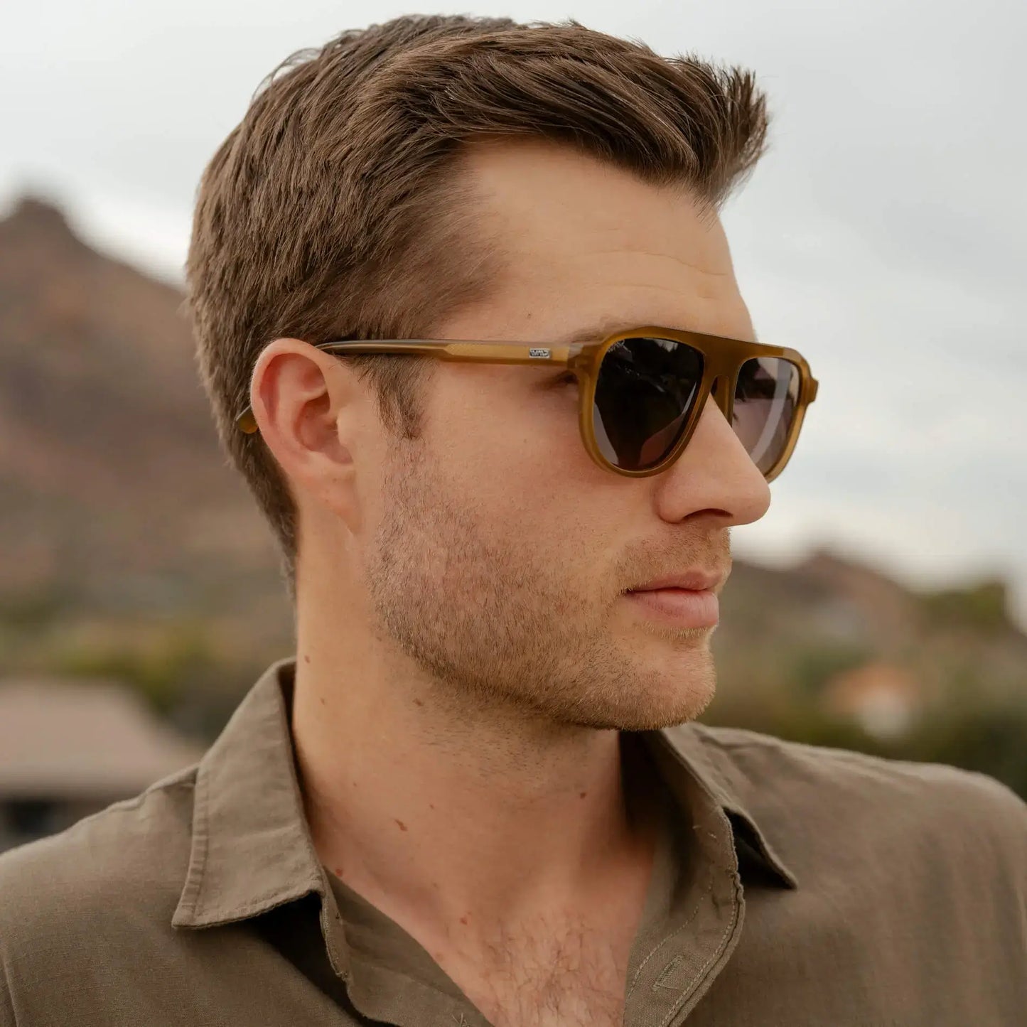 Dune Brown / Amber || Model wearing Men's Aviator Prescription Sunglasses with Brown Frame and Brown Lenses