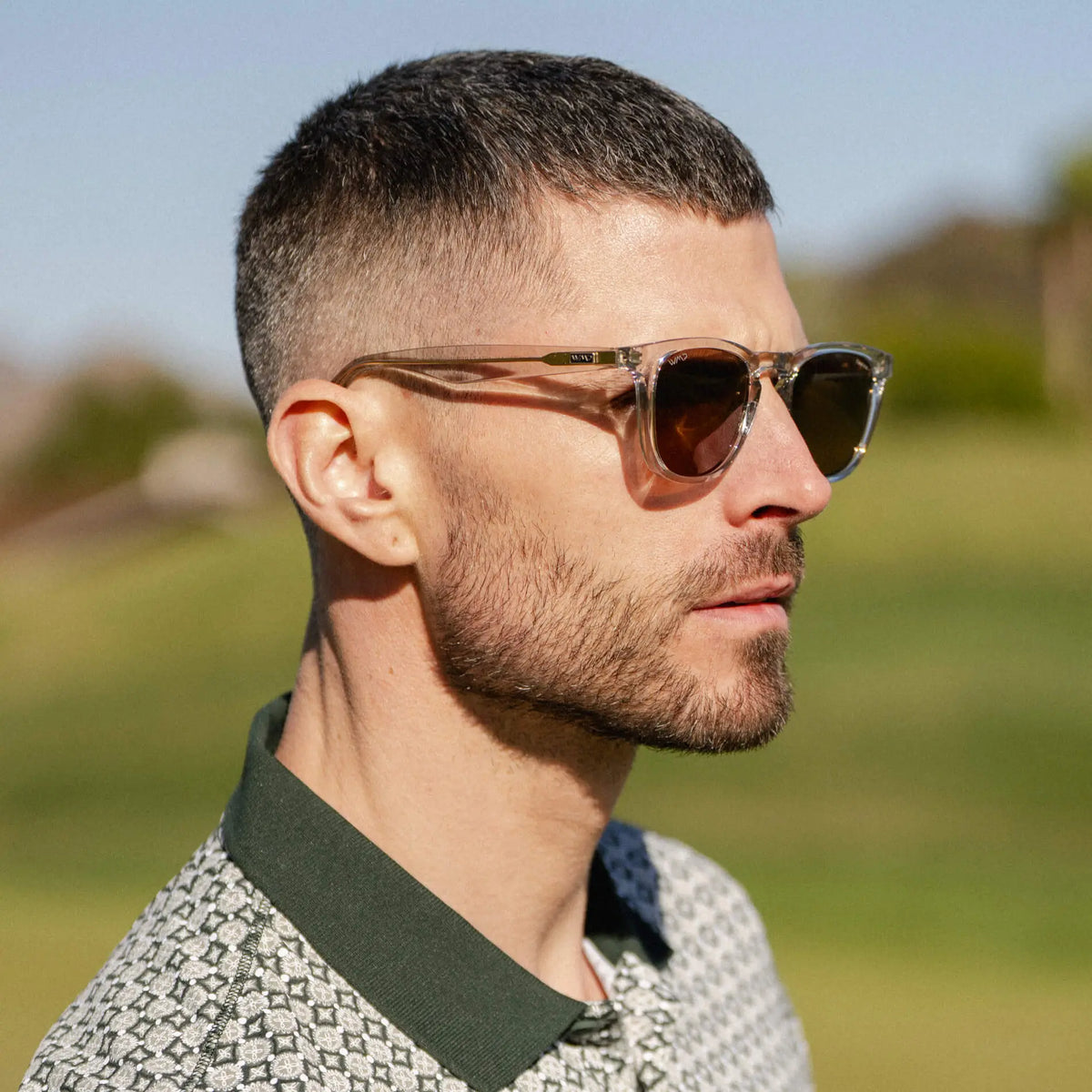 Men's Medium Fit Round Polarized Golf Sunglasses with Crystal Ice Grey Frame and Brown Lens