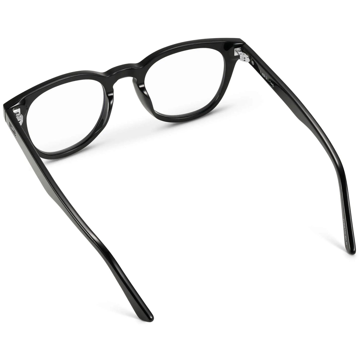 Black || Back view of Women's Black Acetate round frame with clear blue light blocking lens on a white background 