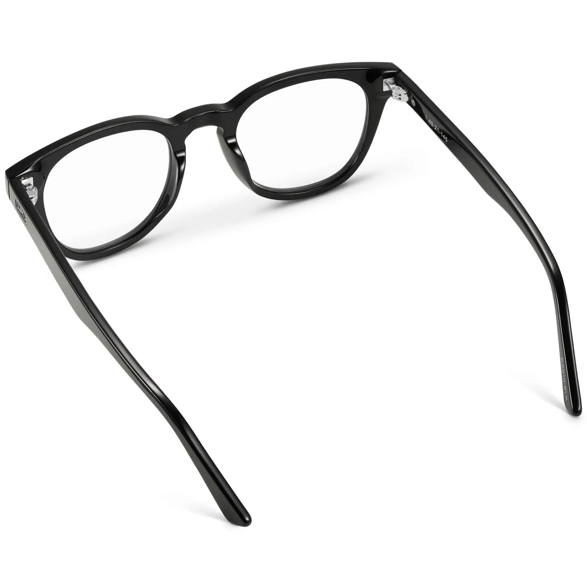 Black || Back view of Women's Black Acetate round frame with clear blue light blocking lens on a white background 