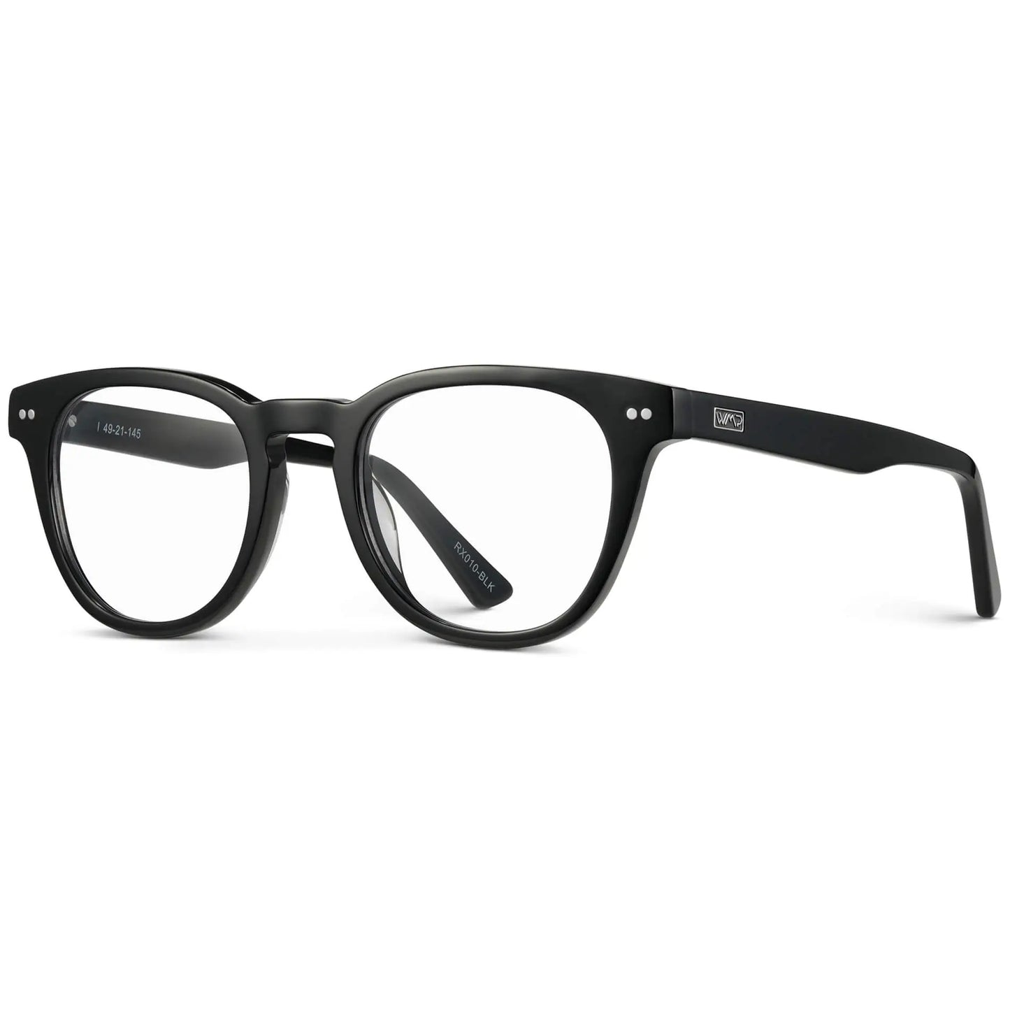 Black || Side view of Women's Black Acetate round frame with clear blue light blocking lens on a white background