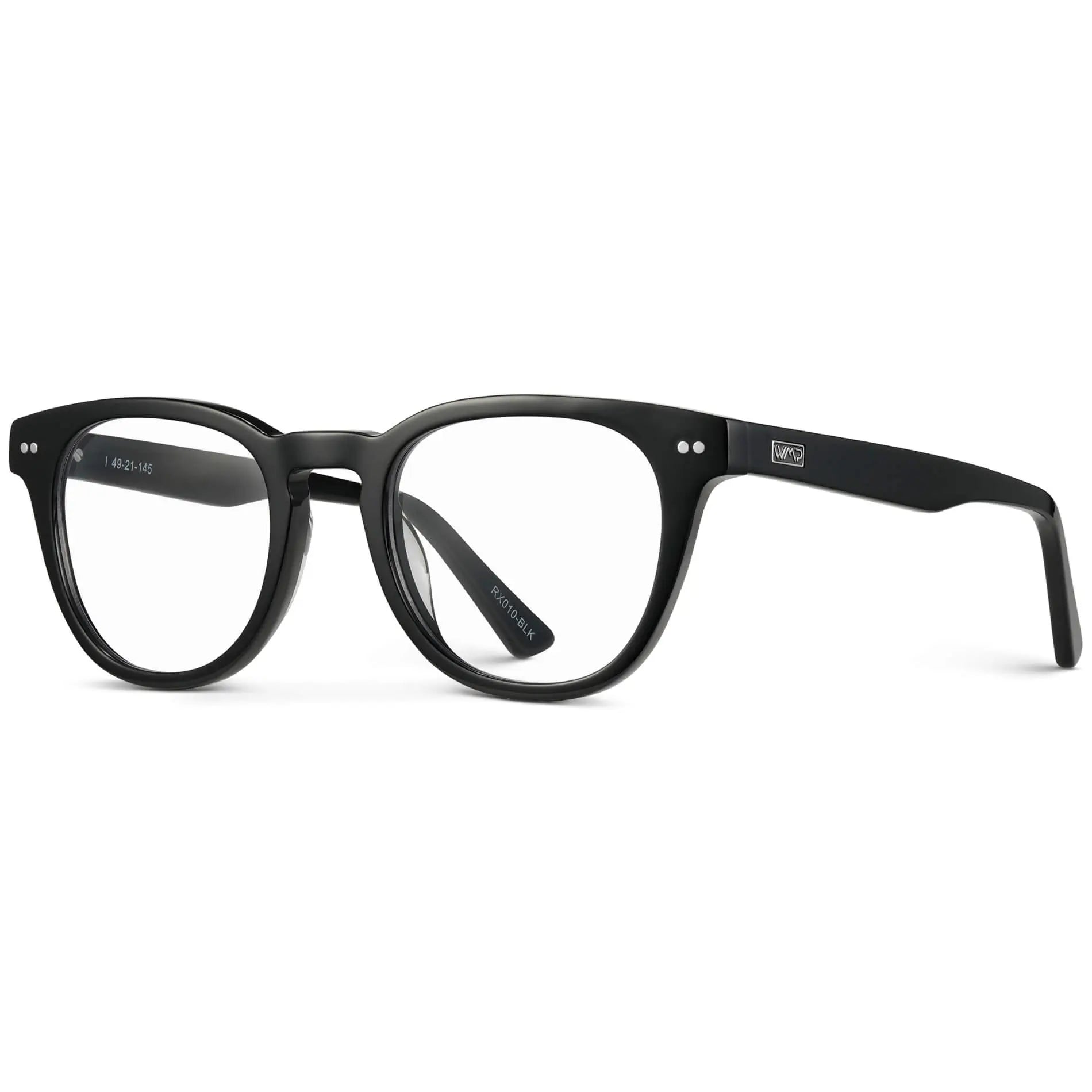 Black || Side view of Women's Black Acetate round frame with clear blue light blocking lens on a white background