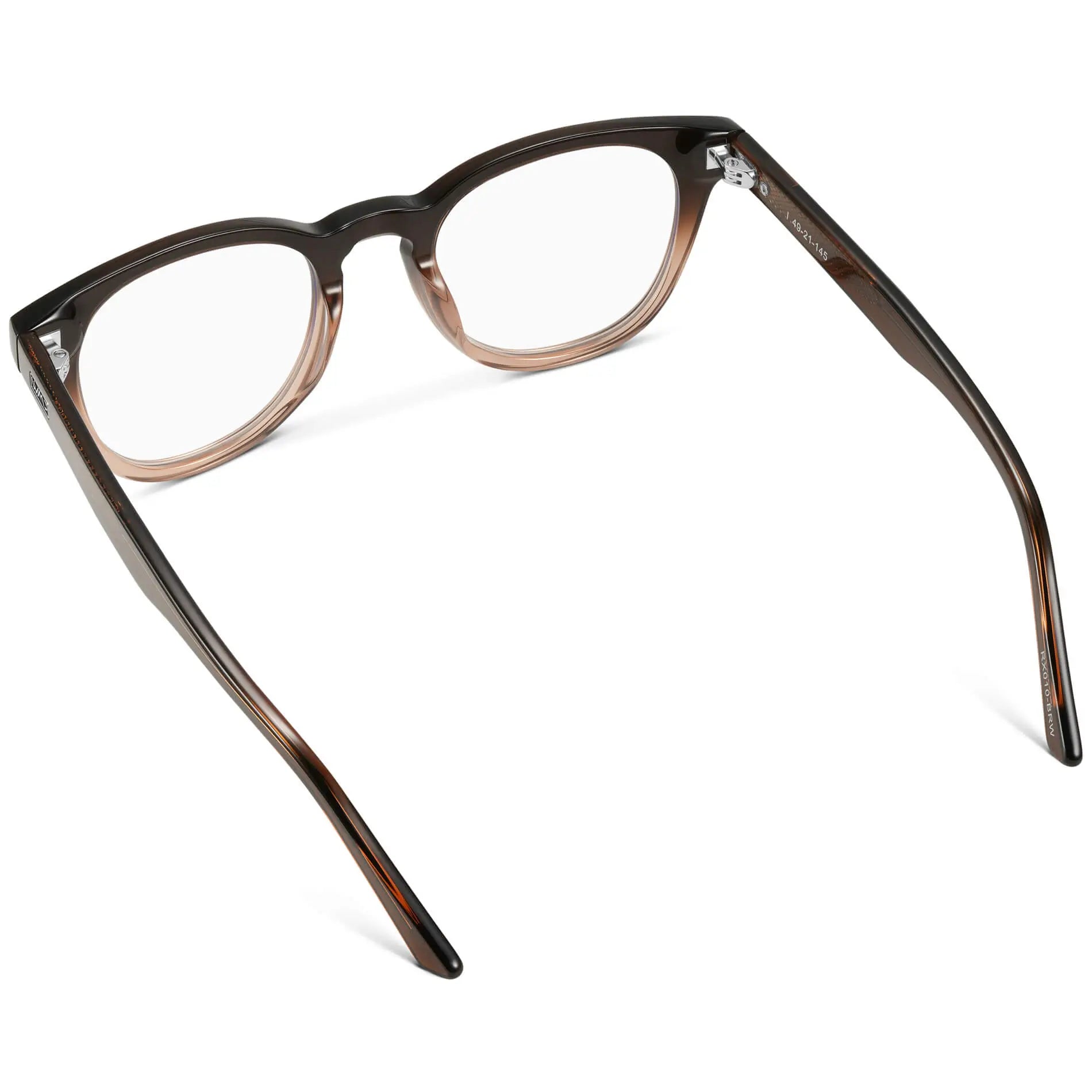 Cocoa Brown Fade || Back view of Women's Cocoa Brown Fade round acetate frame with clear blue light blocking lens on a white background 