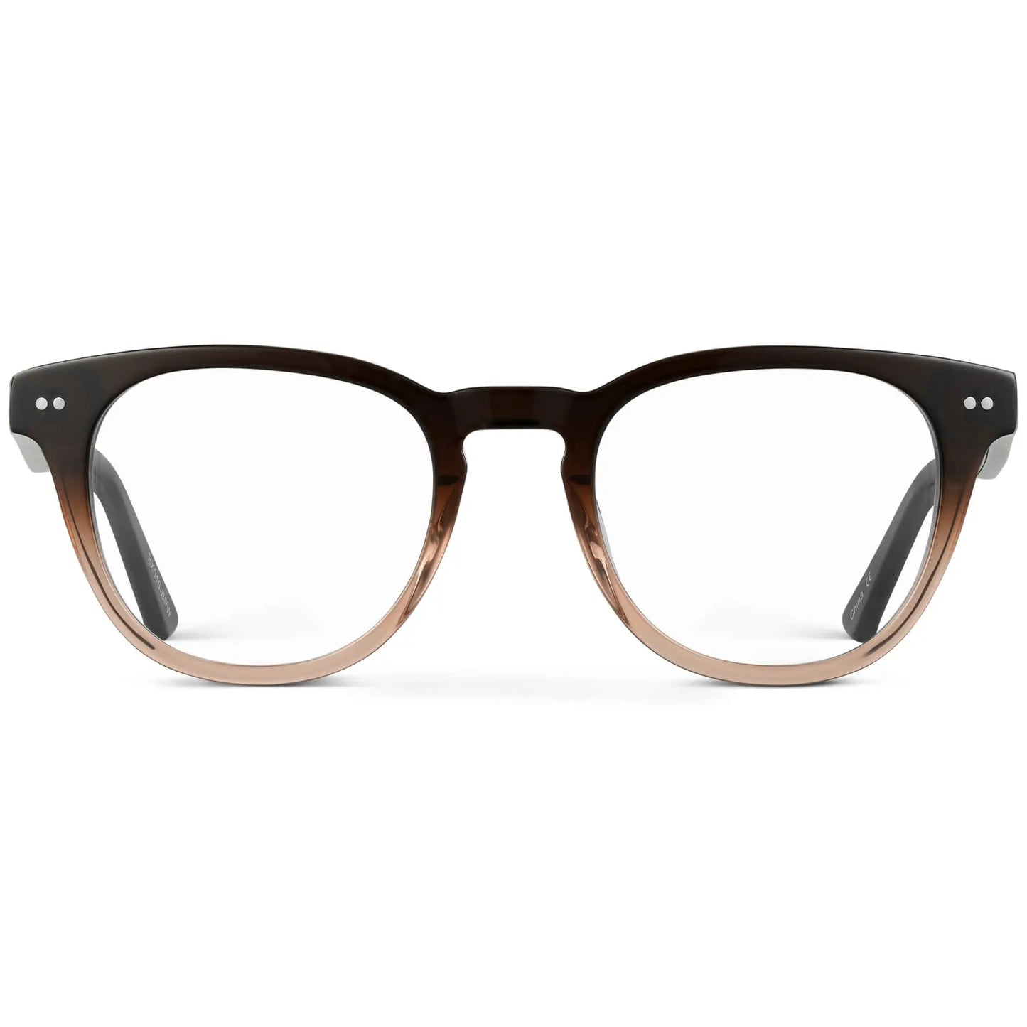 Cocoa Brown Fade || Women's Cocoa Brown Fade round acetate frame with clear blue light blocking lens on a white background 