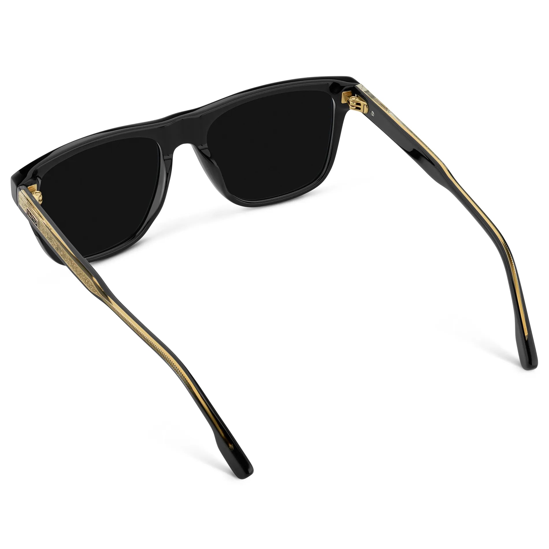 Back view of Men's Rectangular Polarized Sunglasses with Black Frame and Black Lens on a white background