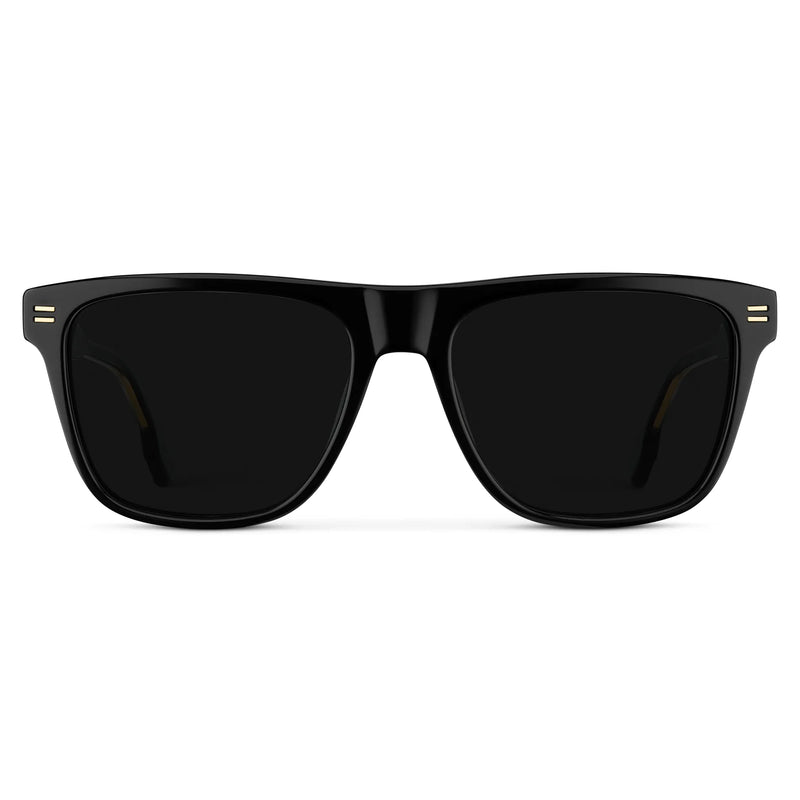 Black / Triple Black Lens || Front view of Men's Rectangular Polarized Sunglasses with Black Frame and Black Lens on a white background