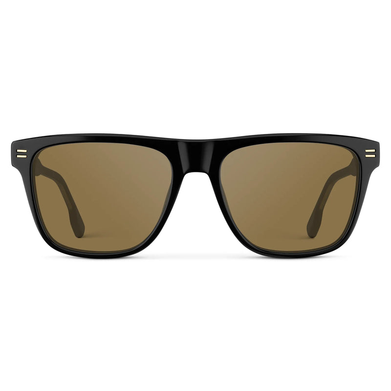 Black / Amber || Front view of Men's Rectangular Prescription Sunglasses with Black Frame and Brown Lens on a white background