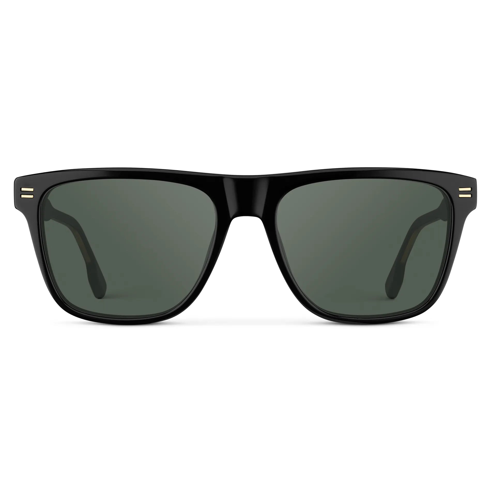 Black / G15 || Front view of Men's Rectangular Prescription Sunglasses with Black Frame and Green Lens on a white background