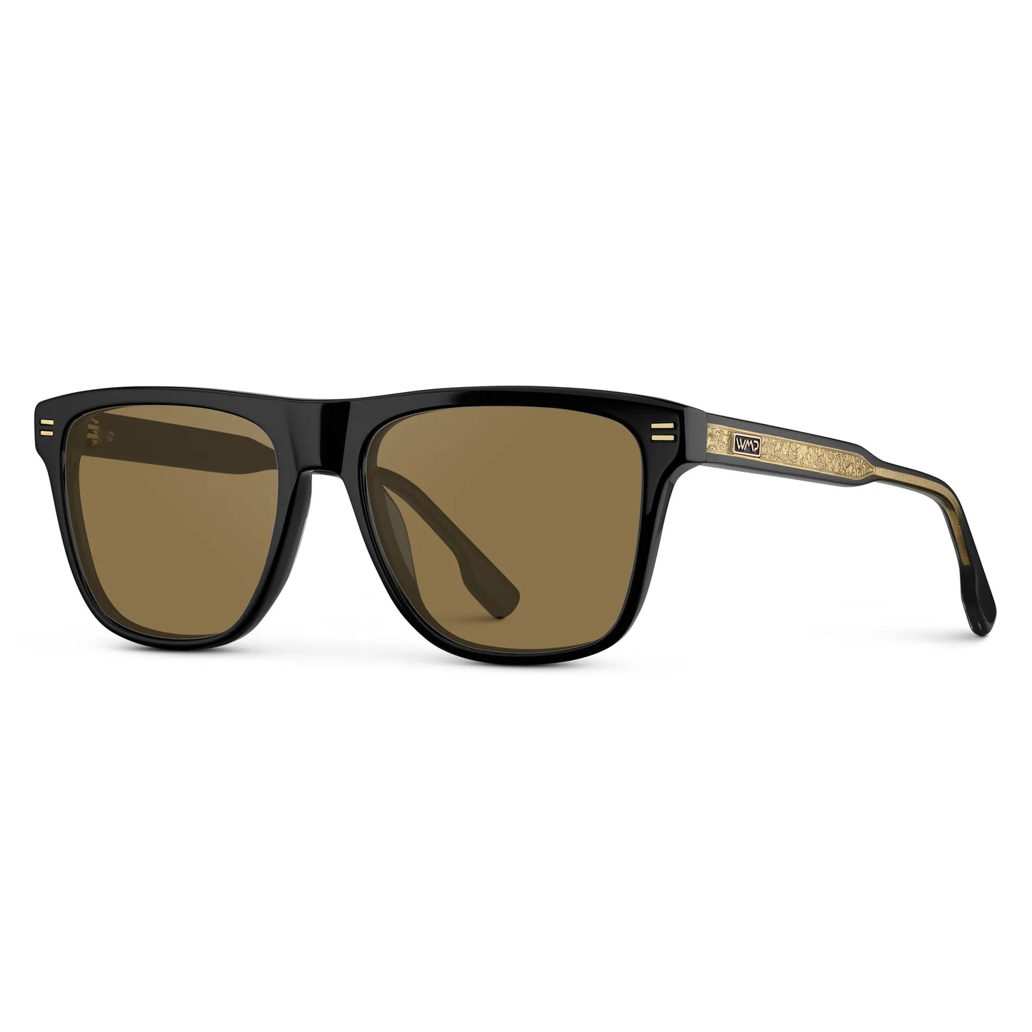 Black / Amber || Side view of Men's Rectangular Prescription Sunglasses with Black Frame and Brown Lens on a white background