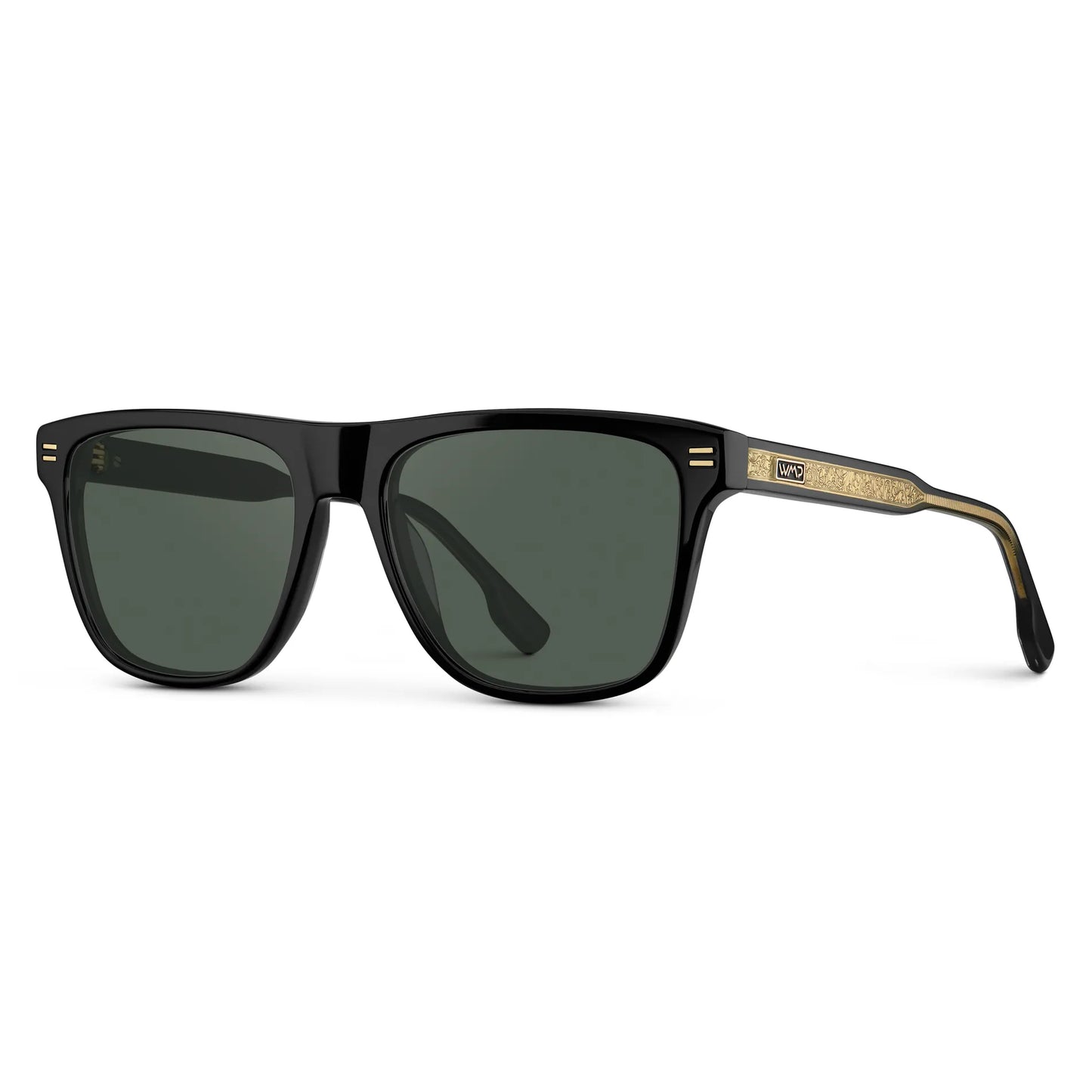 Black / G15 || Side view of Men's Rectangular Prescription Sunglasses with Black Frame and Green Lens on a white background