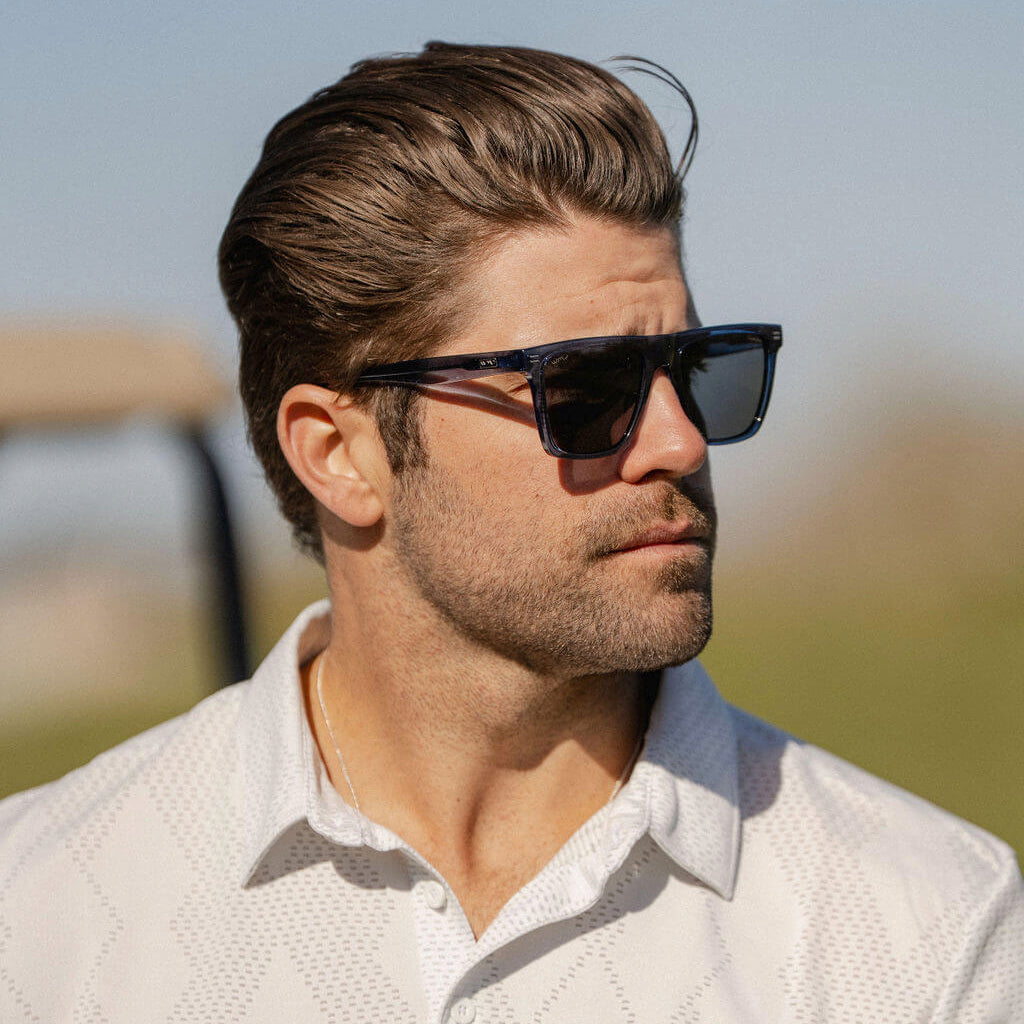 Indigo Blue Grain / Black Lens || Blue Rectangle Frame Sunglasses with Black Polarized Lenses