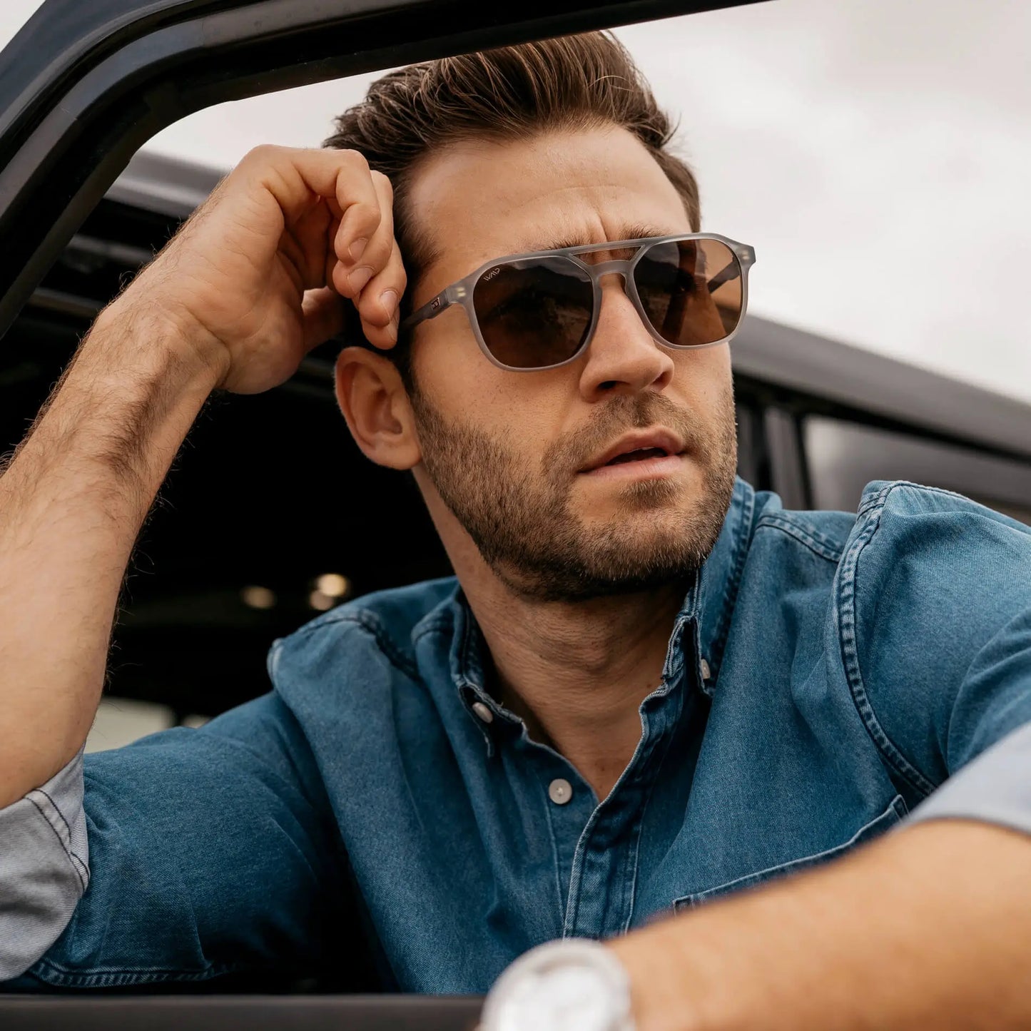 Moonrock Grey / Brown Lens || Modern Square Double Bridge Aviator Sunglasses with Brown Polarized Lenses