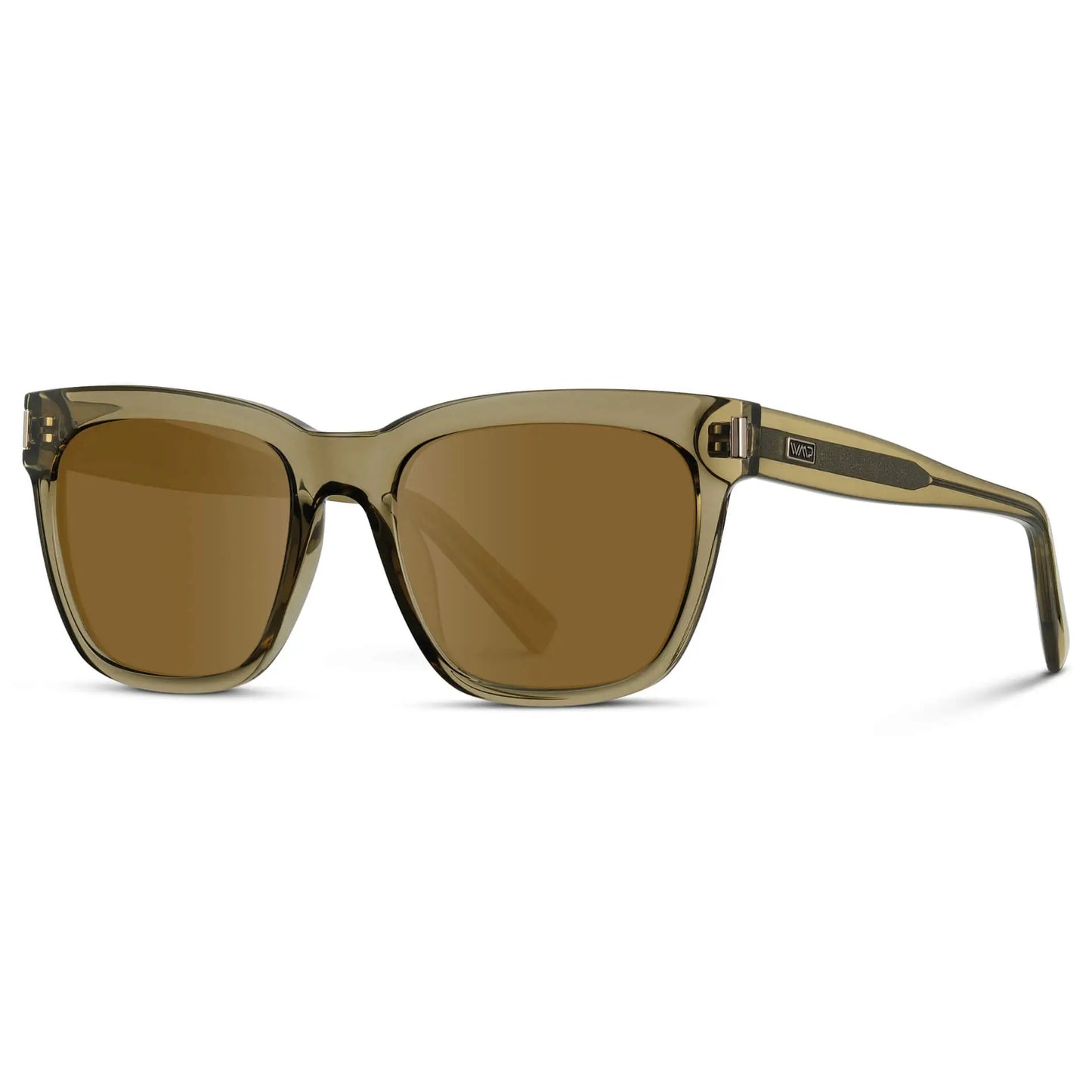 Crystal Moss Green / Amber || Side view of Women's Oversized Square Prescription Sunglasses with Green Frame and Brown Lenses on a white background