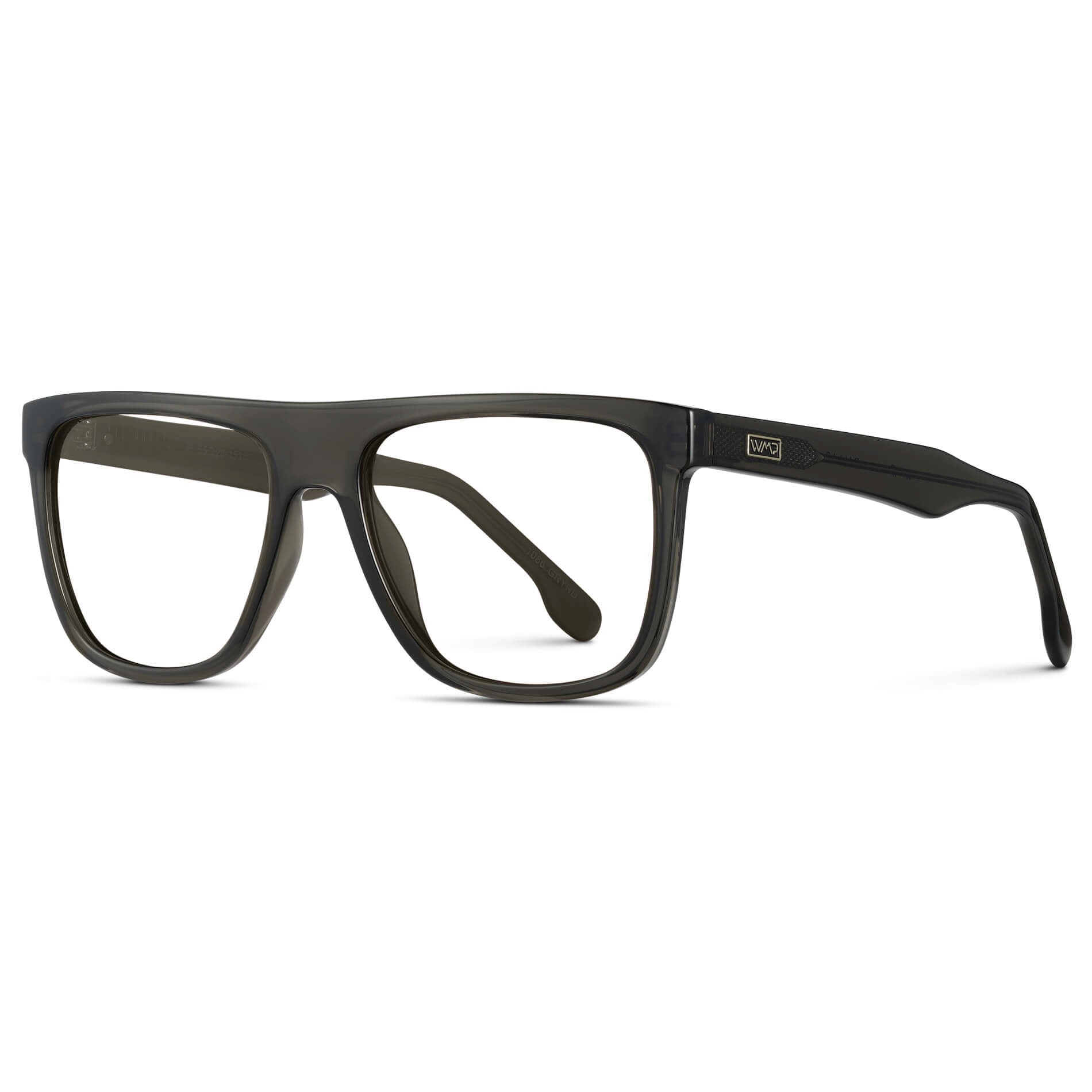 Crystal Carbon Grey || Square Frame Glasses with Clear Prescription Lenses side view.