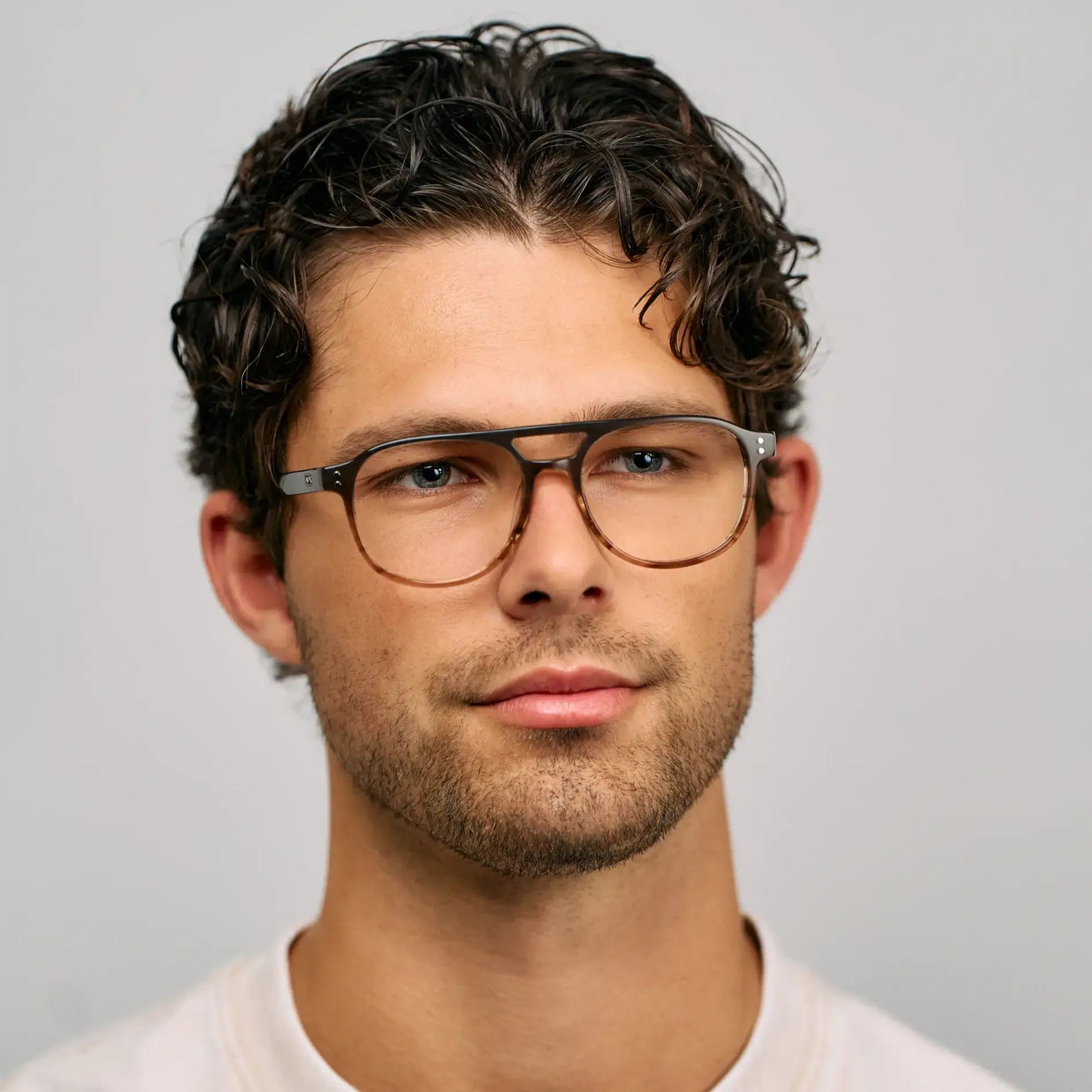 Ridge Brown || Model wearing Men's Aviator Prescription Glasses with Ridge Brown Acetate Frame and Clear Lens