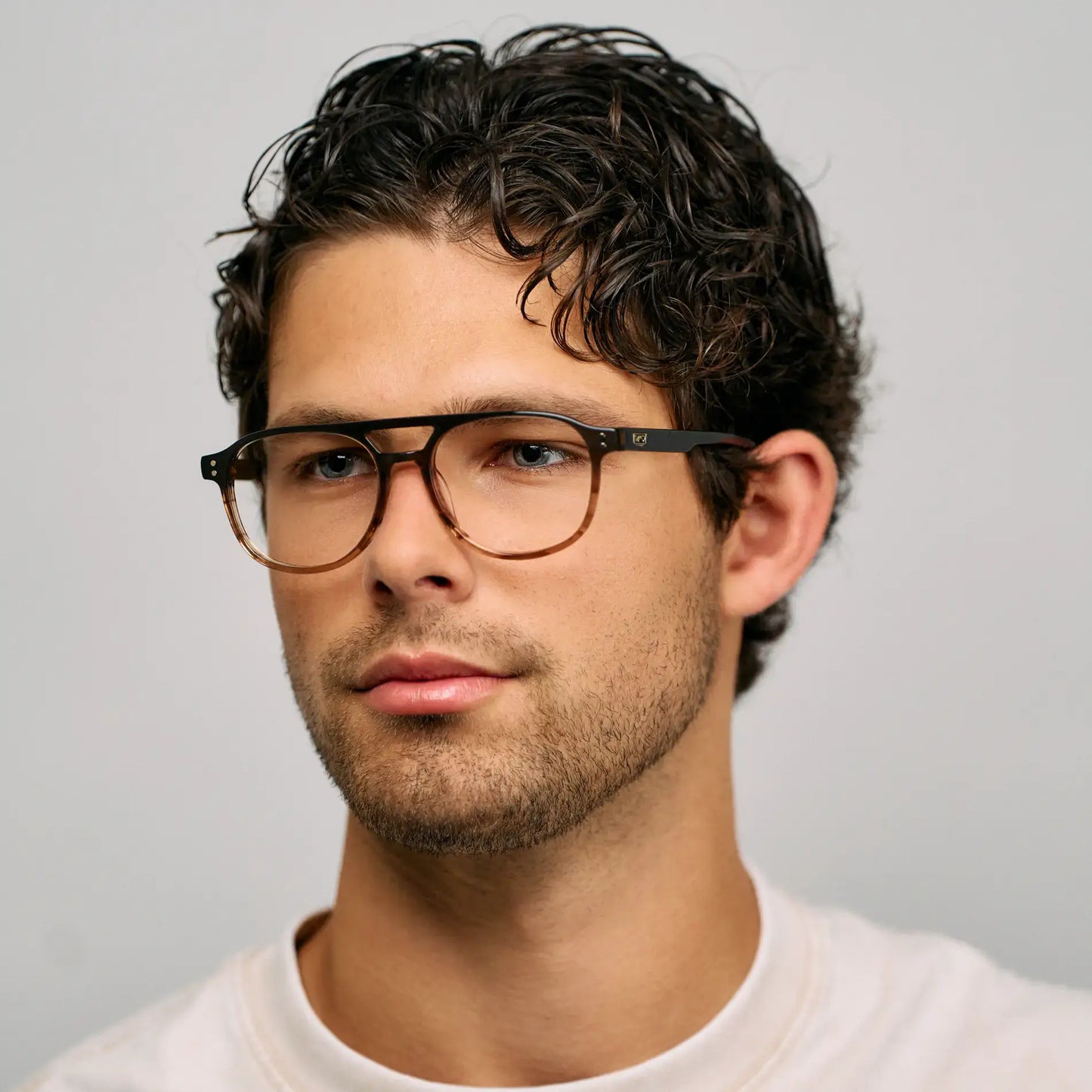 Ridge Brown || Model wearing Men's Aviator Prescription Glasses with Ridge Brown Acetate Frame and Clear Lens