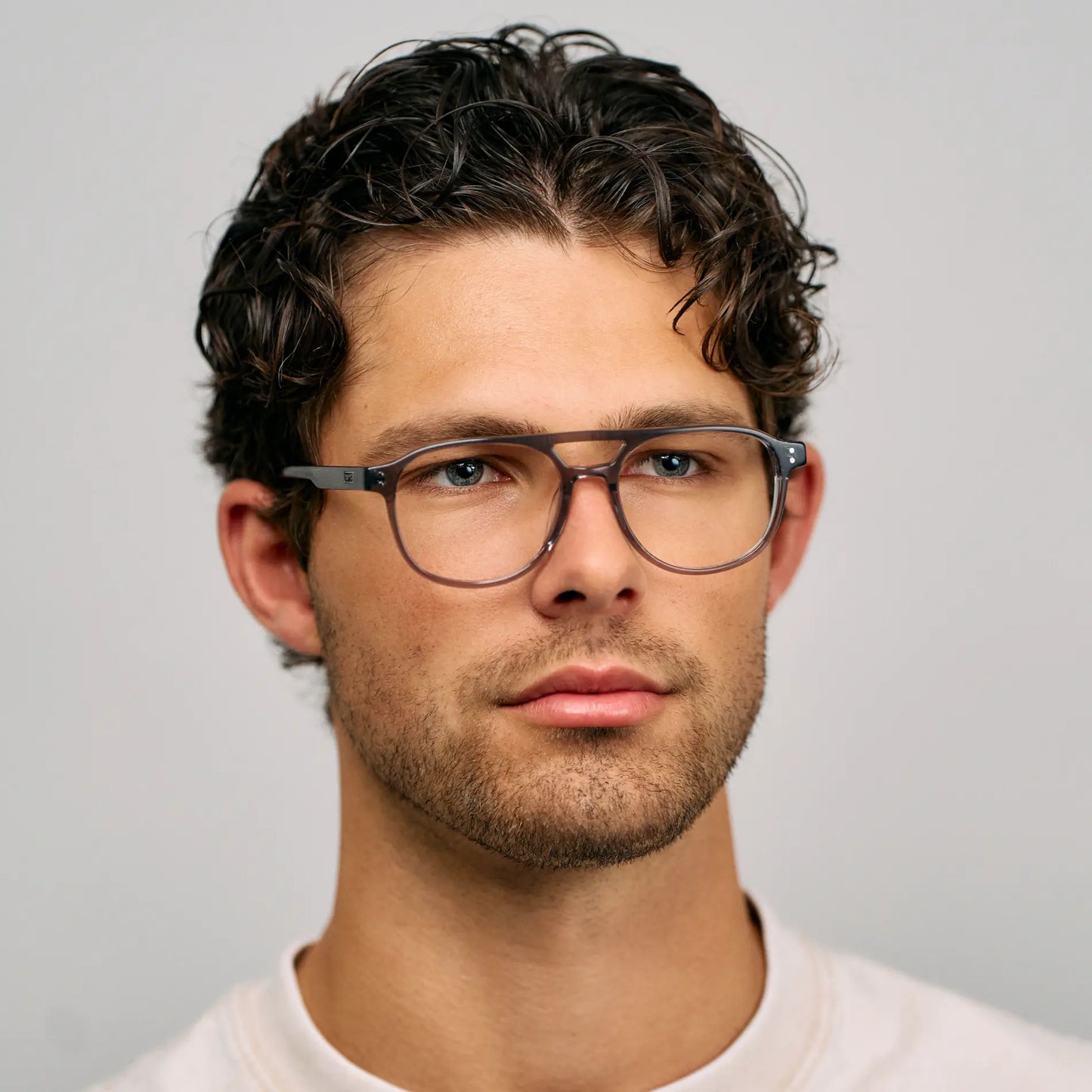 Steel Grey || Model wearing Men's Aviator Blue Light Blocking Glasses with Steel Grey Acetate Frame and Clear Lens