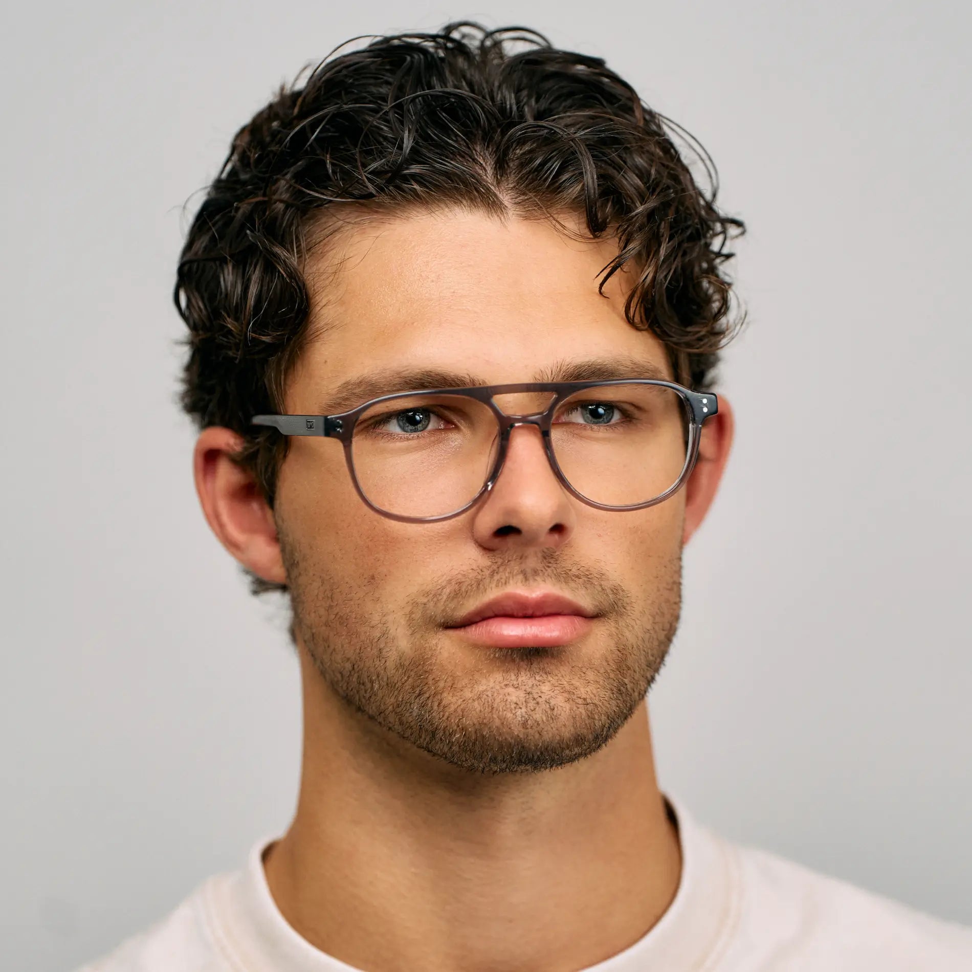 Steel Grey || Model wearing Men's Aviator Blue Light Blocking Glasses with Steel Grey Acetate Frame and Clear Lens