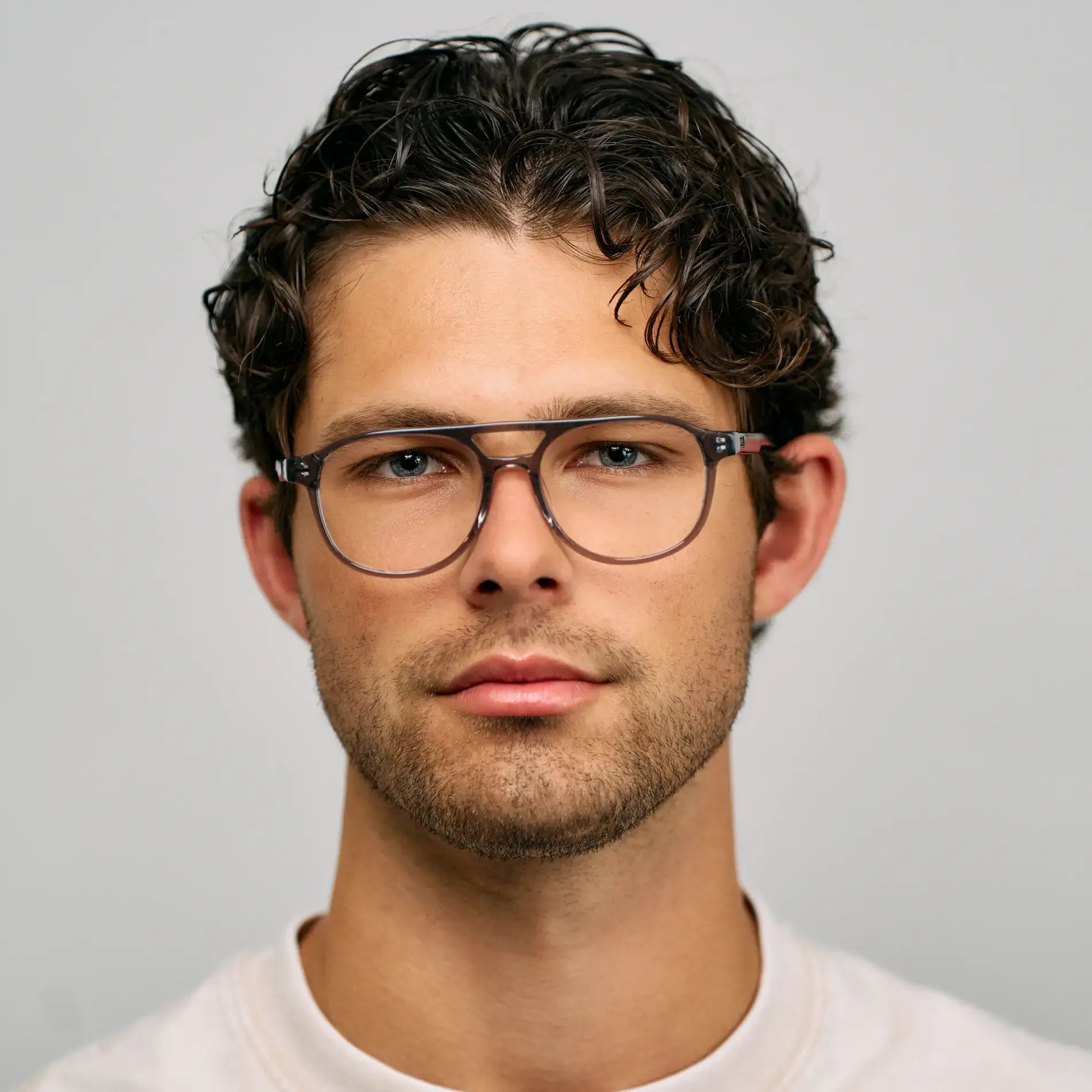Steel Grey || Model wearing Men's Aviator Prescription Glasses with Steel Grey Acetate Frame and Clear Lens