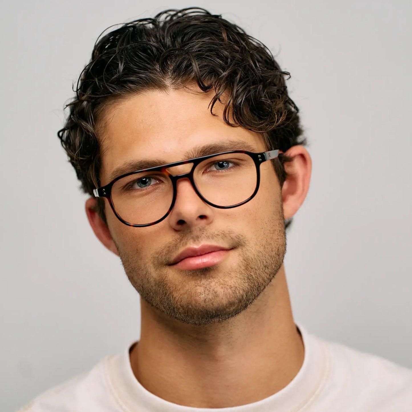 Brown Tortoise || Model wearing Men's Aviator Prescription Glasses with Brown Tortoise Acetate Frame and Clear Lens