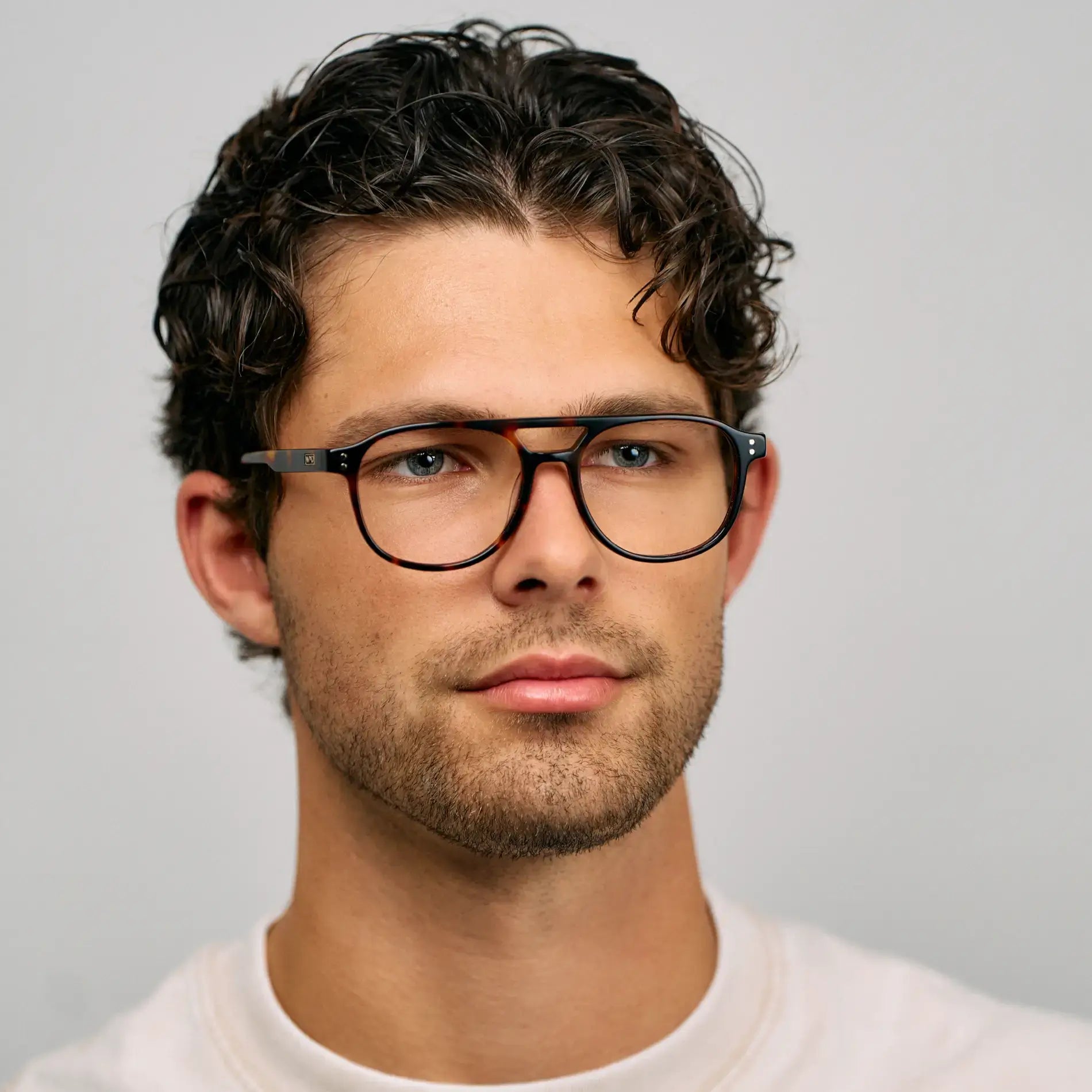 Brown Tortoise || Model wearing Men's Aviator Prescription Glasses with Brown Tortoise Acetate Frame and Clear Lens