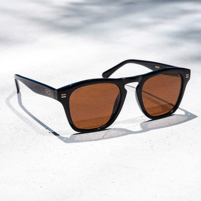 Black / Brown Lens || Men's stately, sleek, and thick acetate square polarized sunglasses in glossy black frame and tinted brown lenses