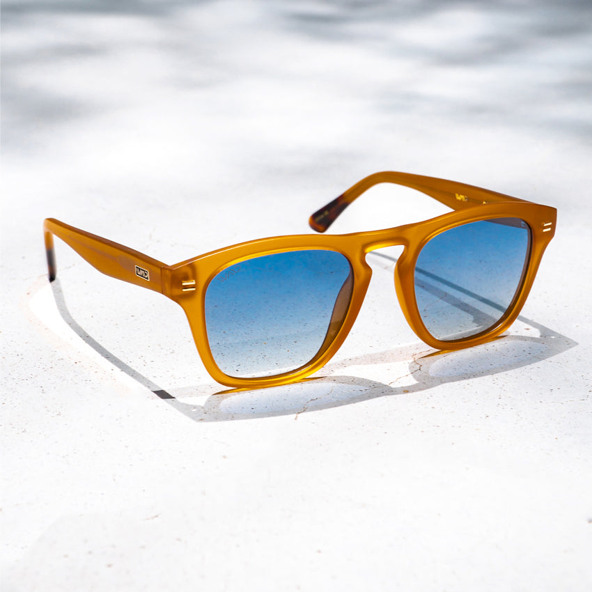 Sunset Orange / Blue Gradient Lens || Men's sleek, and thick acetate square polarized sunglasses in sunset orange frame and gradient blue lenses