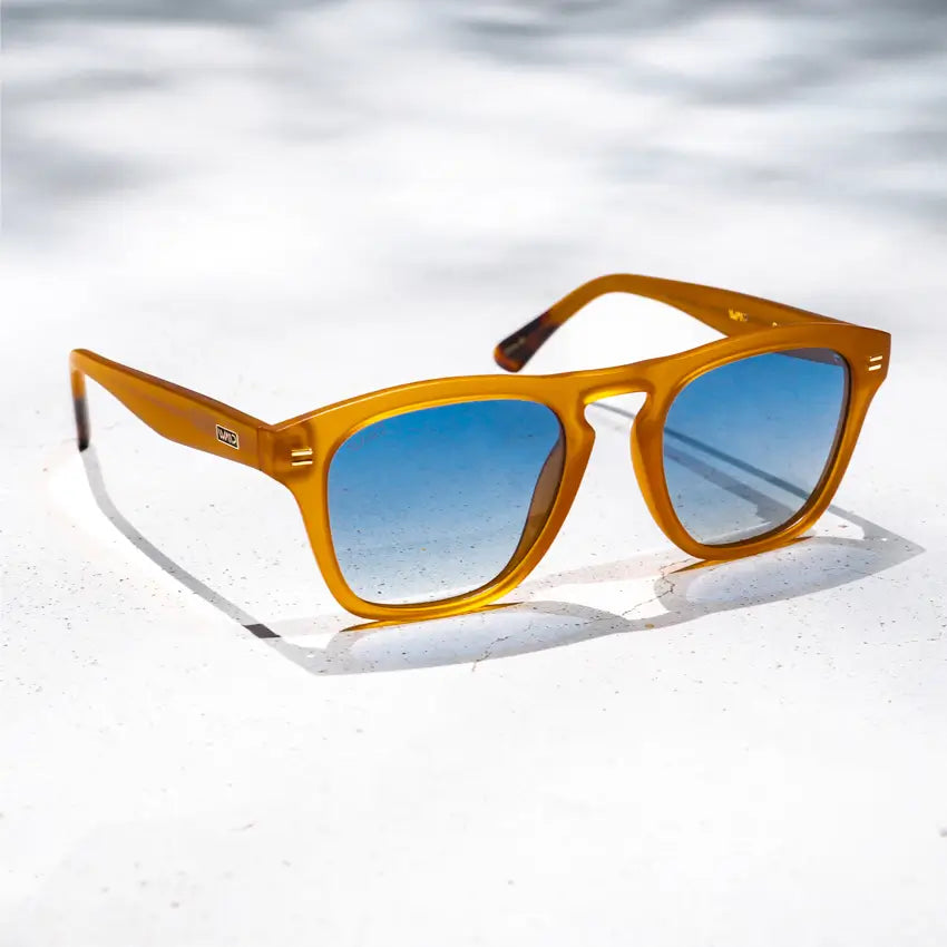 Sunset Orange / Blue Gradient Lens || Acetate Square Sunglasses in Sunset Orange Frame with Blue Gradient Polarized Lenses