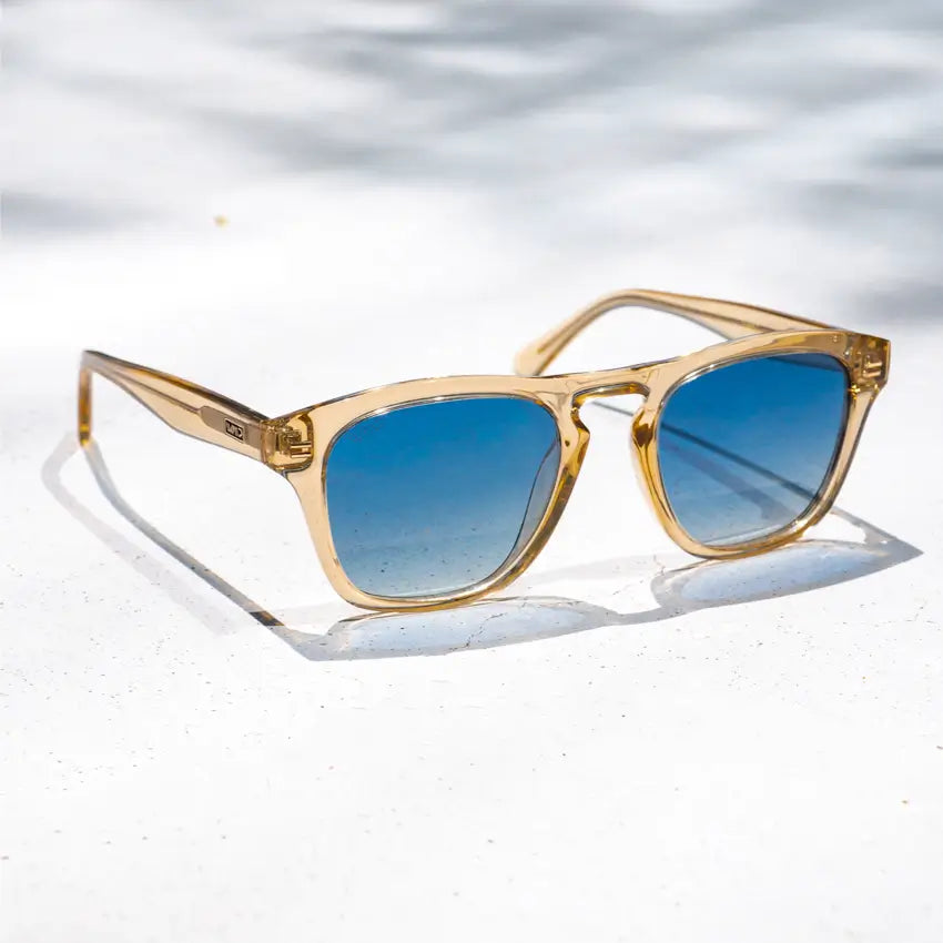 Champagne Crystal / Blue Gradient Lens || Acetate Square Sunglasses in Champagne Crystal with Blue Gradient Polarized Lenses