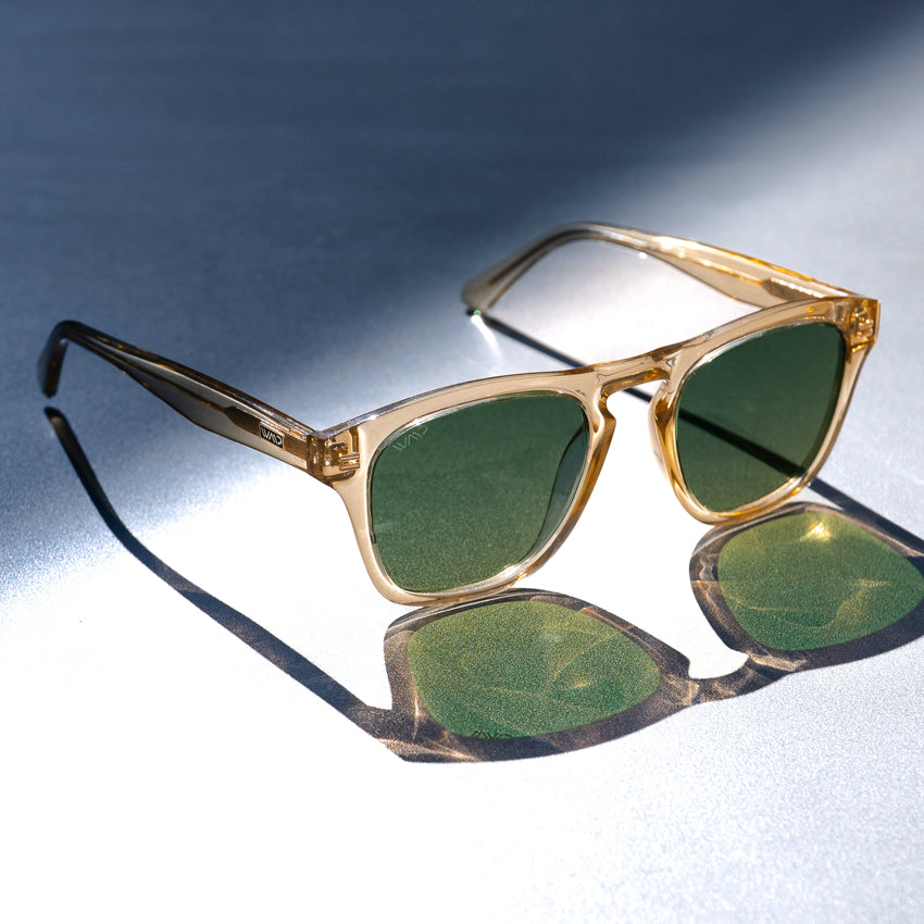 Champagne Crystal / Smoke Green Lens || Trendy men's eyewear in champagne crystal frame with smoke green polarized lens