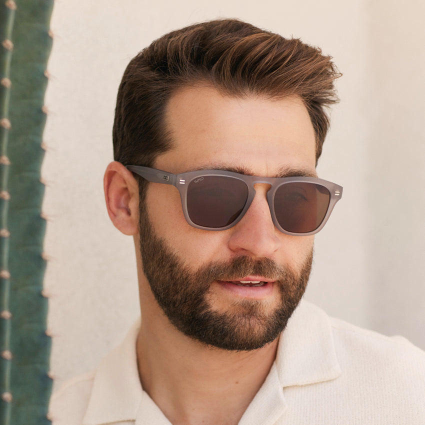 Moonrock Grey / Brown Lens || Fashionable men's polarized sleek sunglasses in moon rock grey thick acetate frame and tinted brown lenses