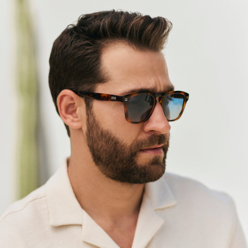 Whiskey Brown Tortoise / Blue Gradient Lens || Trendy whiskey brown tortoise sunglasses for men featuring blue gradient lens