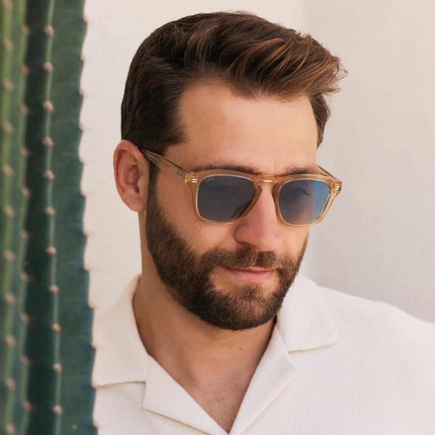Champagne Crystal / Blue Gradient Lens || Fashionable men's polarized sunglasses in champagne crystal frame and gradient blue lenses