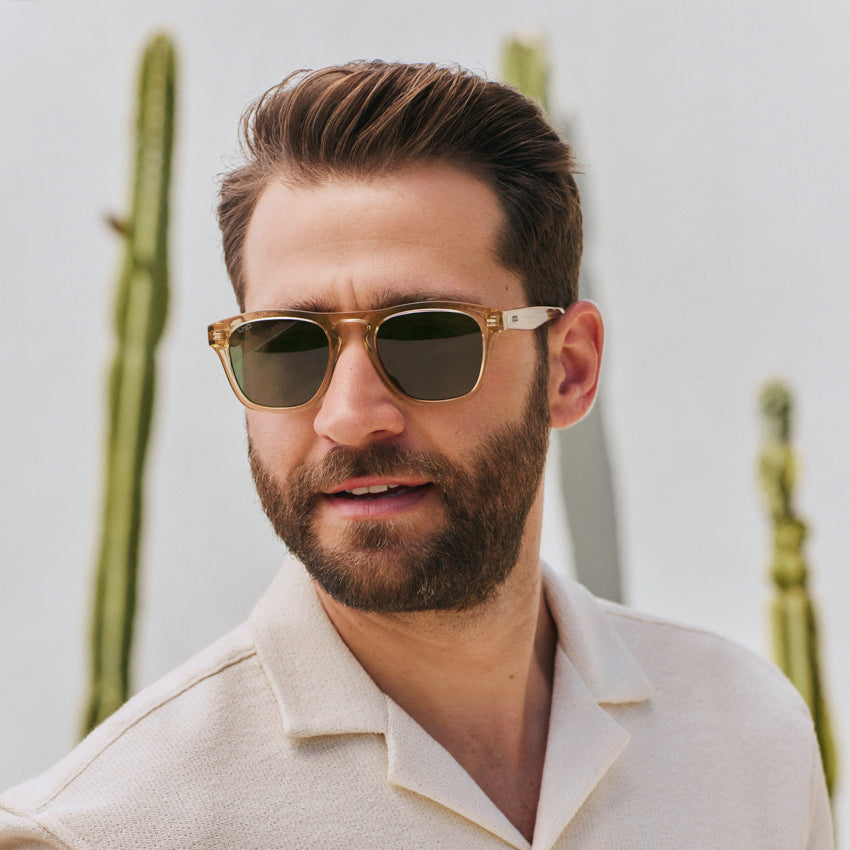 Champagne Crystal / Smoke Green Lens || High-quality polarized sunglasses for men in champagne crystal frame and smoke green lens