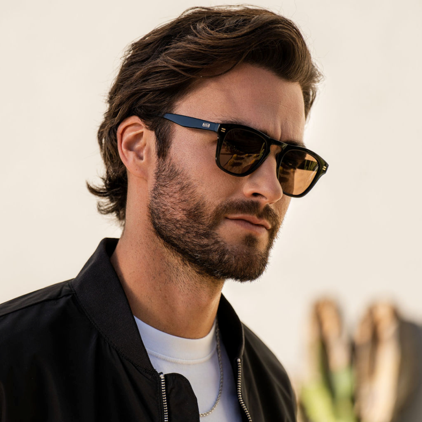 Black / Brown Lens || Men's affordable square polarized sunglasses in glossy black acetate frame with tinted brown lenses