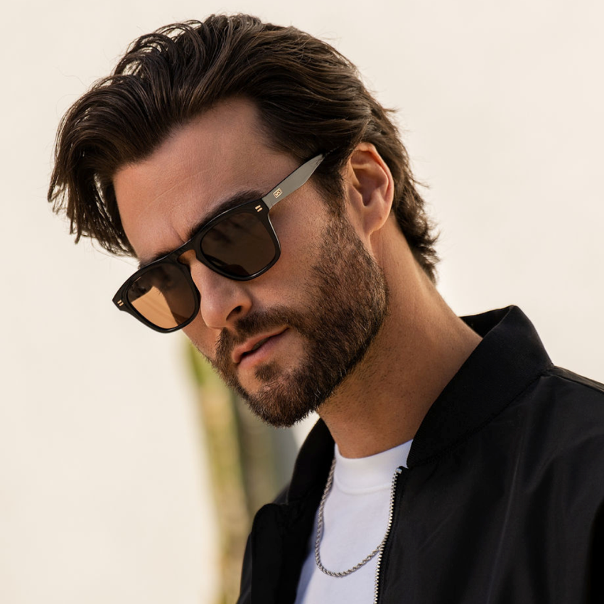 Black / Brown Lens || Men's affordable square polarized sunglasses in glossy black acetate frame with tinted brown lenses