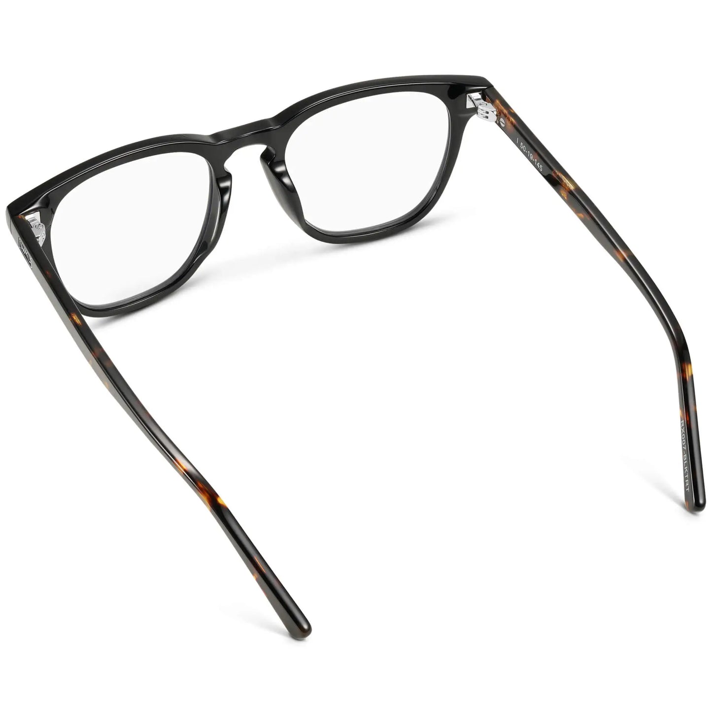 Black Tortoise || Back view of Men's square black acetate frame with clear blue light blocking lens on a white background 