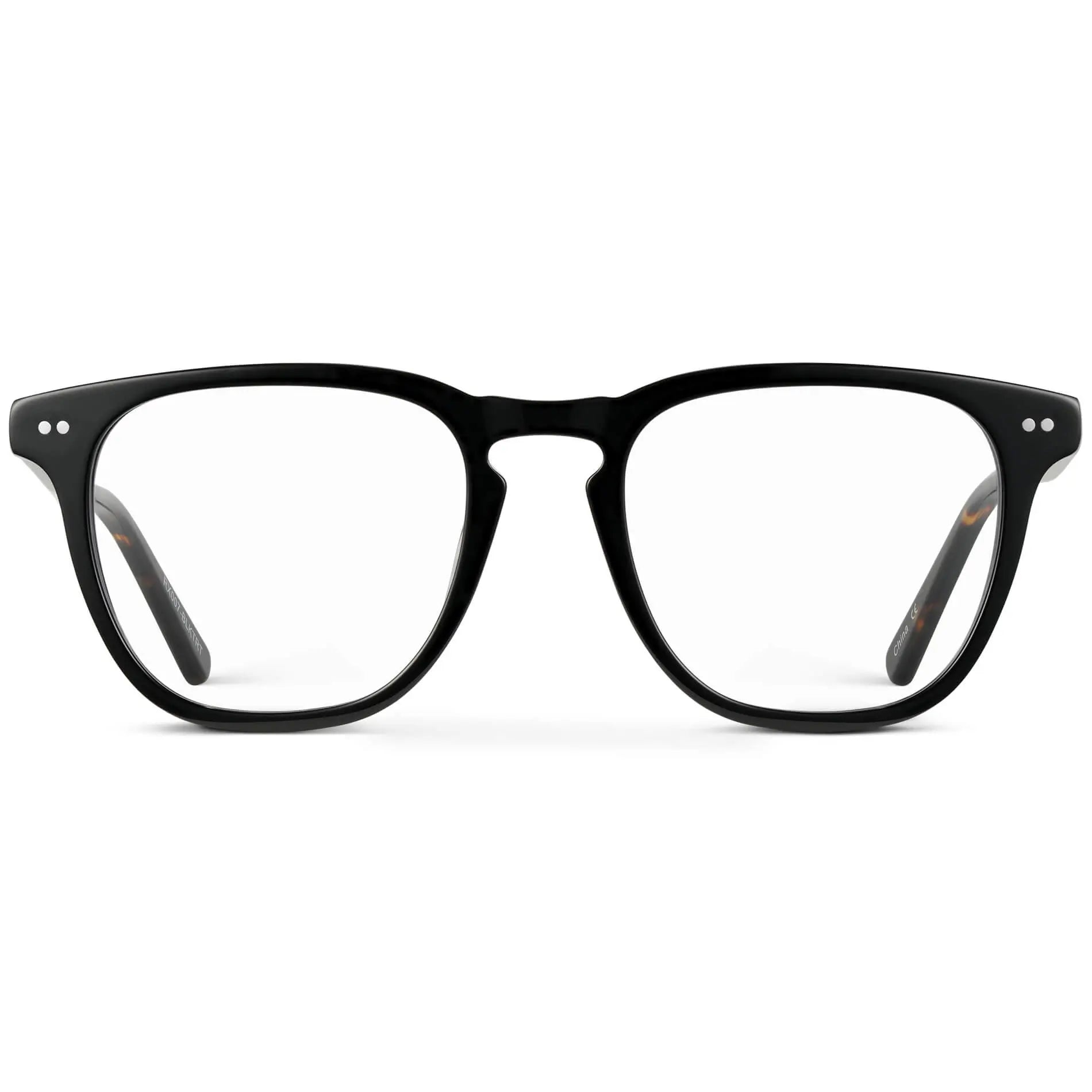 Black Tortoise || Men's square black acetate frame with clear blue light blocking lens on a white background 